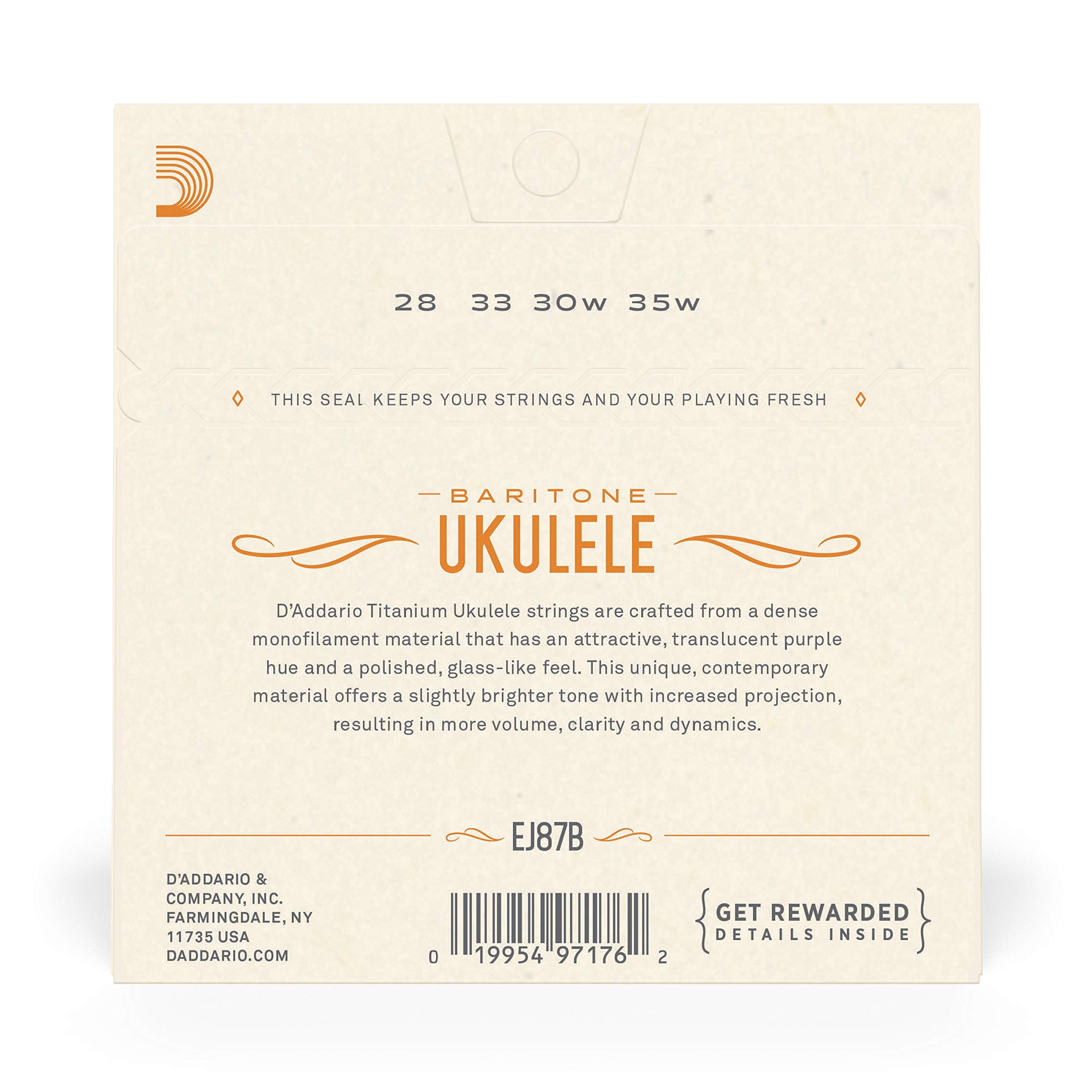 D'Addario Baritone Ukulele Strings, Fluorocarbon, EJ99B, 4-String Set, Pack of 1
