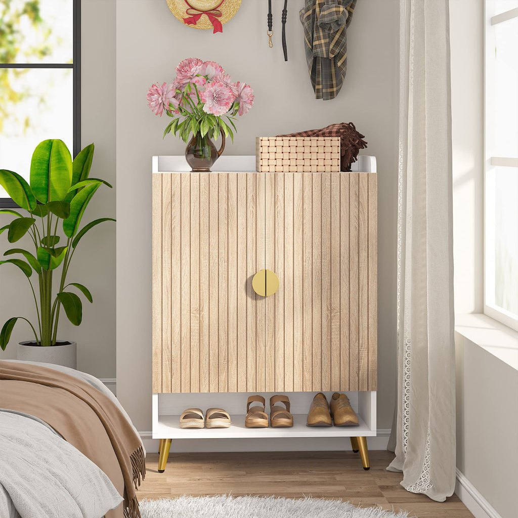 Tribesigns Shoe Cabinet with Doors, 7-Tier Shoe Storage Cabinet with Adjustable Shelves, Wooden Shoes Rack Shoe Storage Organizer for Entryway, Hallway, Closet, Living Room, Black