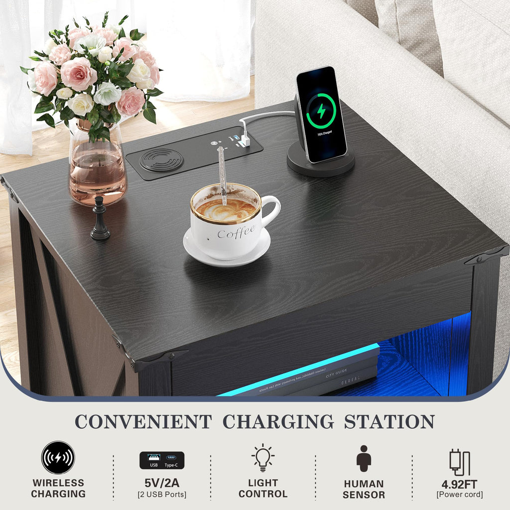 TAGELIER Farmhous Nightstand with Gun Drawer,Bedside Table with Charging Station, Gun Night Stand with LED Light & Human Sensor,Smart End Table for Bedroom, Black