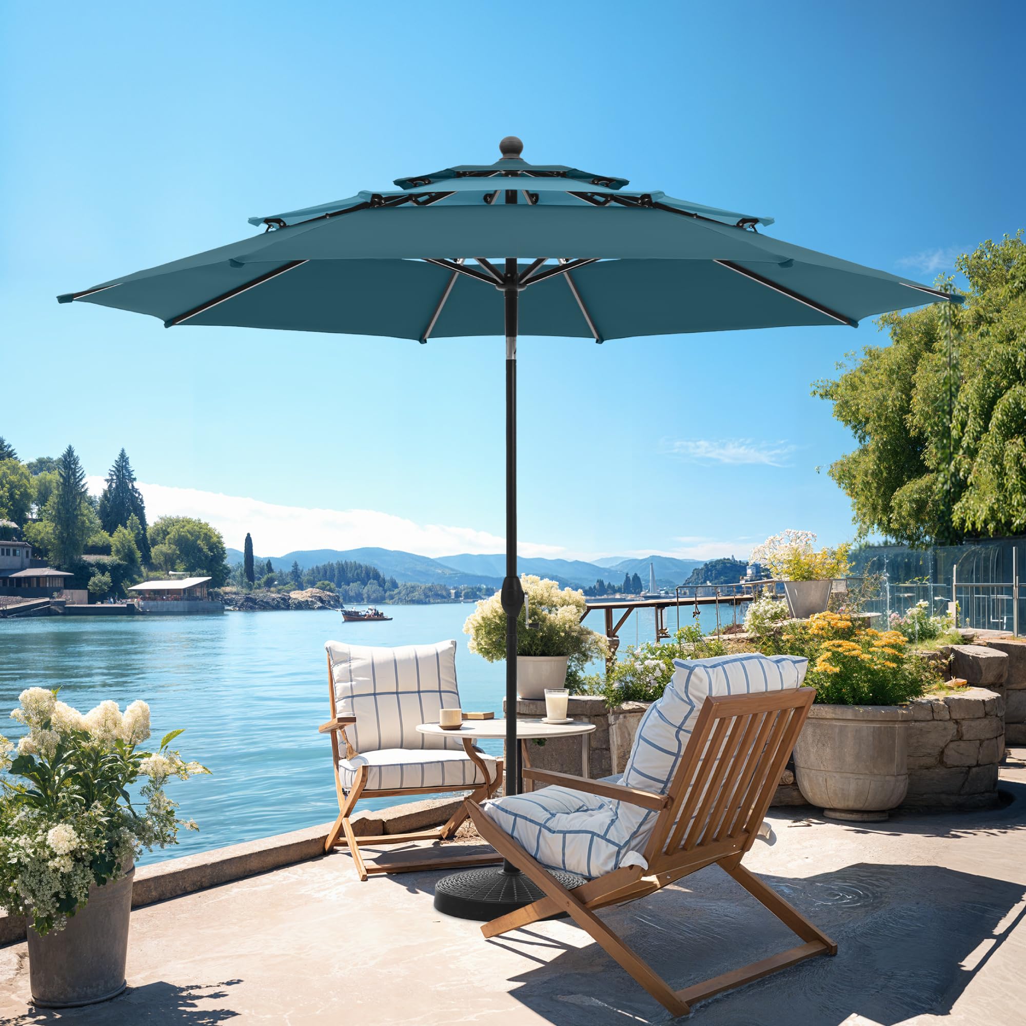 PHI VILLA 10ft Patio Umbrellas, Outdoor 3 Tier Vented Large Market Table Umbrella with 8 Sturdy Ribs and 1.5" Umbrellla Pole for Lawn Poolside Garden Terrace, Beige(No Base)