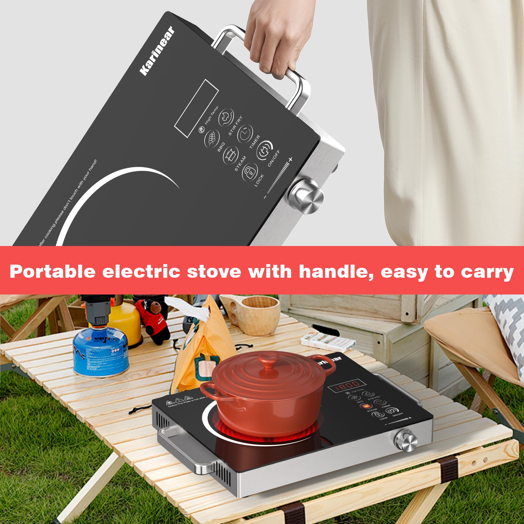 Karinear Portable Electric Stove 110V, 1800W Electric Hot Plate with Handle, Knob Control Single Burner Electri Cooktop, Ceramic Infrared Countertop Burner, Timer, Safety Lock(Green)