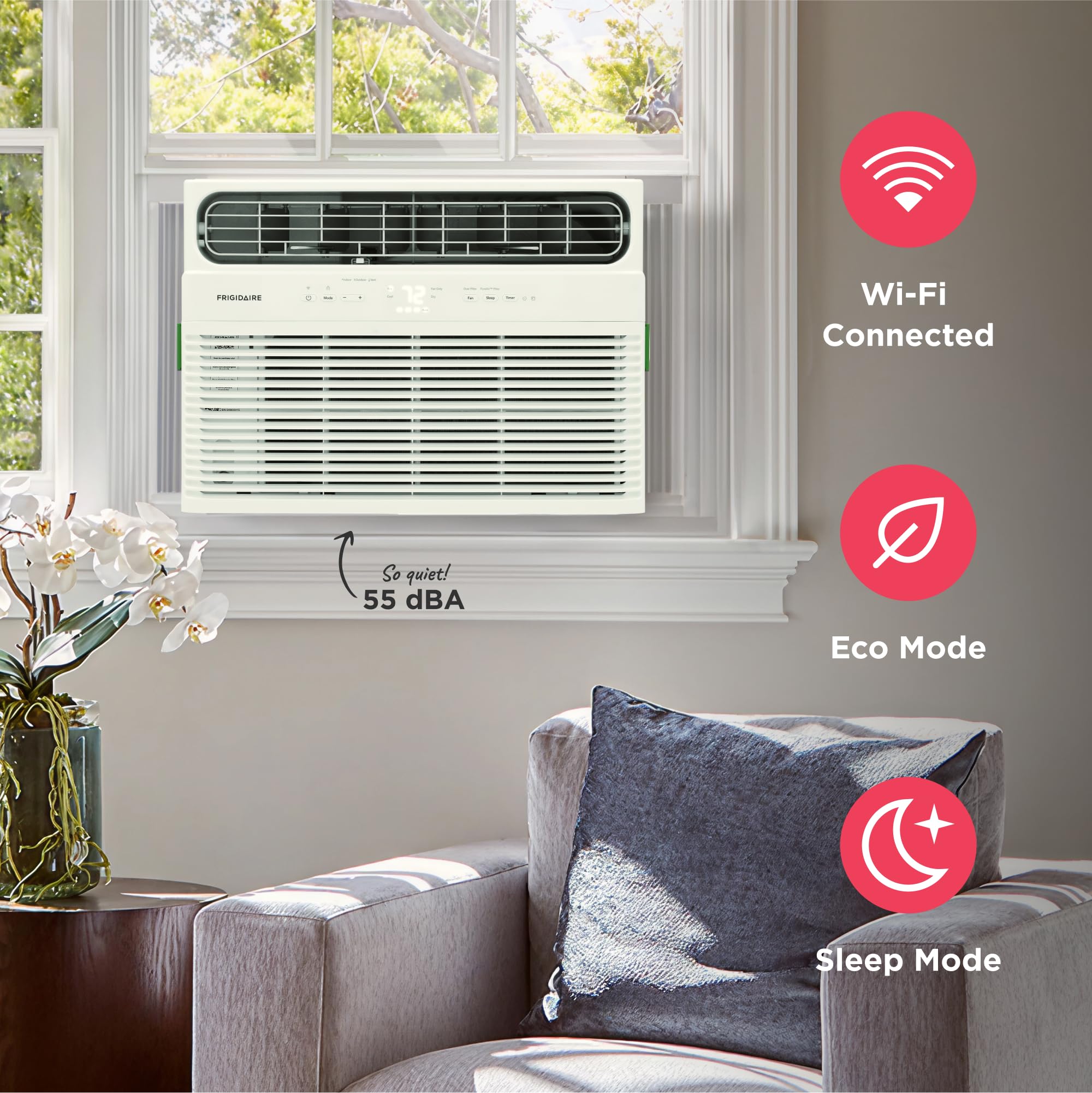 Frigidaire 8,000 BTU Smart Window Air Conditioner with Wi-Fi, Cools Up to 350 Sq. Ft., Remote Control, Quiet Operation, Eco Mode, 3 Fan Speeds, White