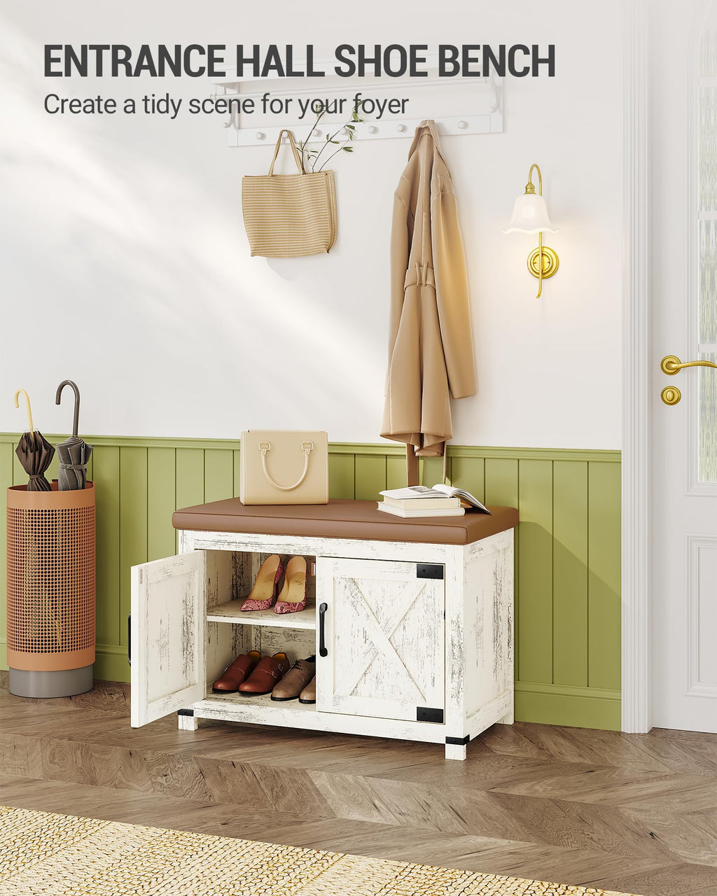 Hzuaneri Shoe Storage Bench, 2 Tier Shoe Bench with Padded Seat Cushion & 2 Barn Doors, Entryway Bench with Adjustable Shelf, Farmhouse Shoe Cabinet for Living Room, Bedroom, Antique White SB26214KA