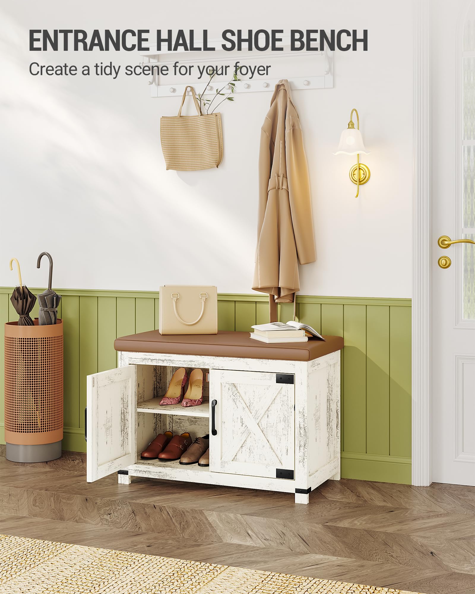 Hzuaneri Shoe Storage Bench, 2 Tier Shoe Bench with Padded Seat Cushion & 2 Barn Doors, Entryway Bench with Adjustable Shelf, Farmhouse Shoe Cabinet for Living Room, Bedroom, Antique White SB26214KA