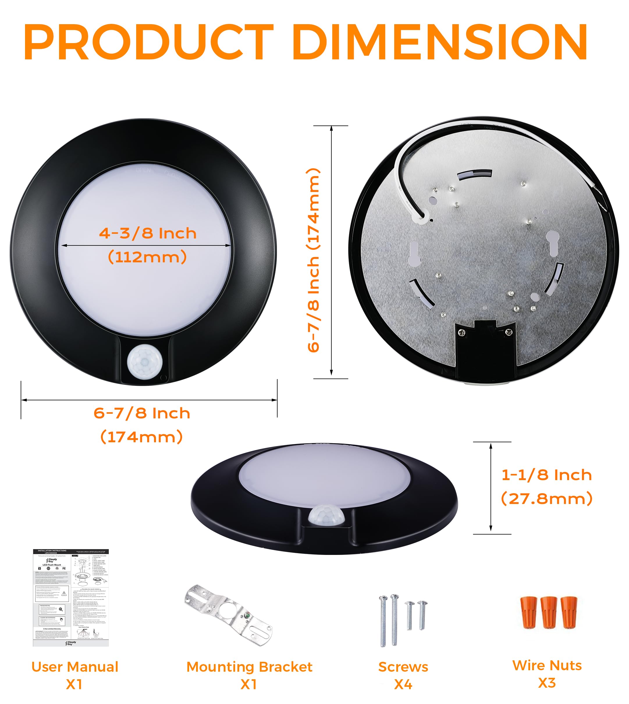 [2 Pack] CLOUDY BAY Motion Sensor Ceiling Light Indoor,120V CRI90 10W 5000K Bright Day Light,6.5 inch LED Flush Mount Ceiling Lighting Fixture for Garage,Walk-in Closet,Attic,Pantry Wet Location,Black