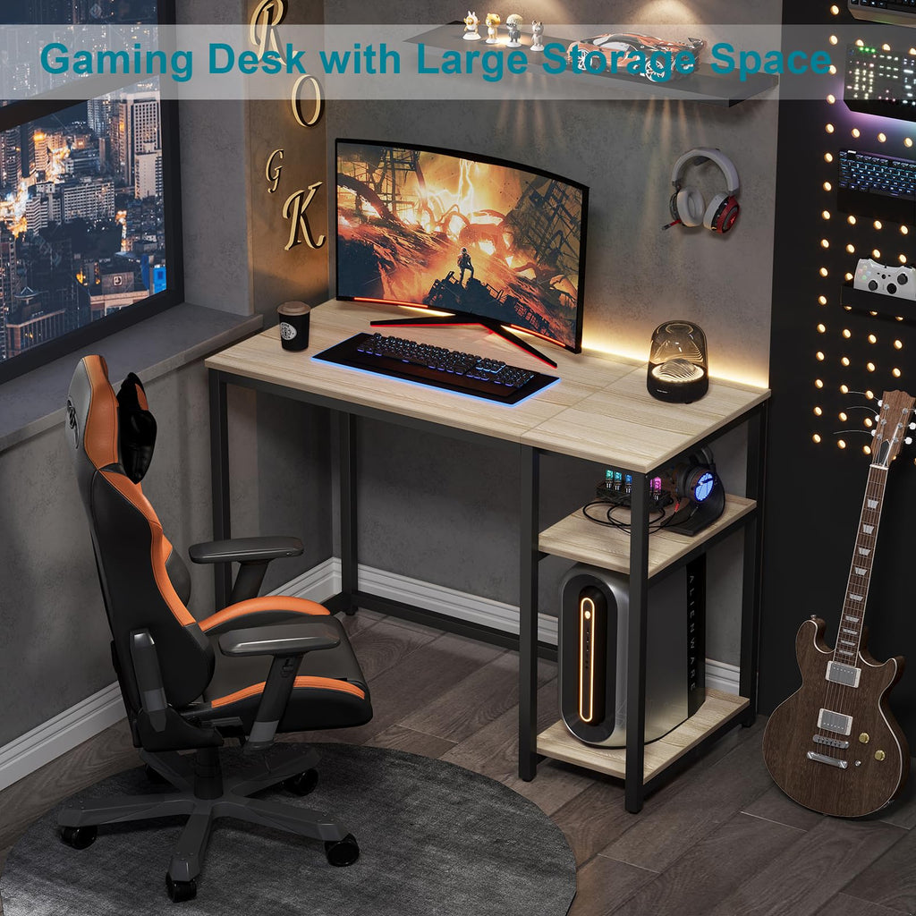 SINPAID 40 Inch Small Gaming Desk with Shelves for Small Spaces, Easy Assembly Study Desk, Sturdy Writing Desk for Bedroom & Home Office, Black