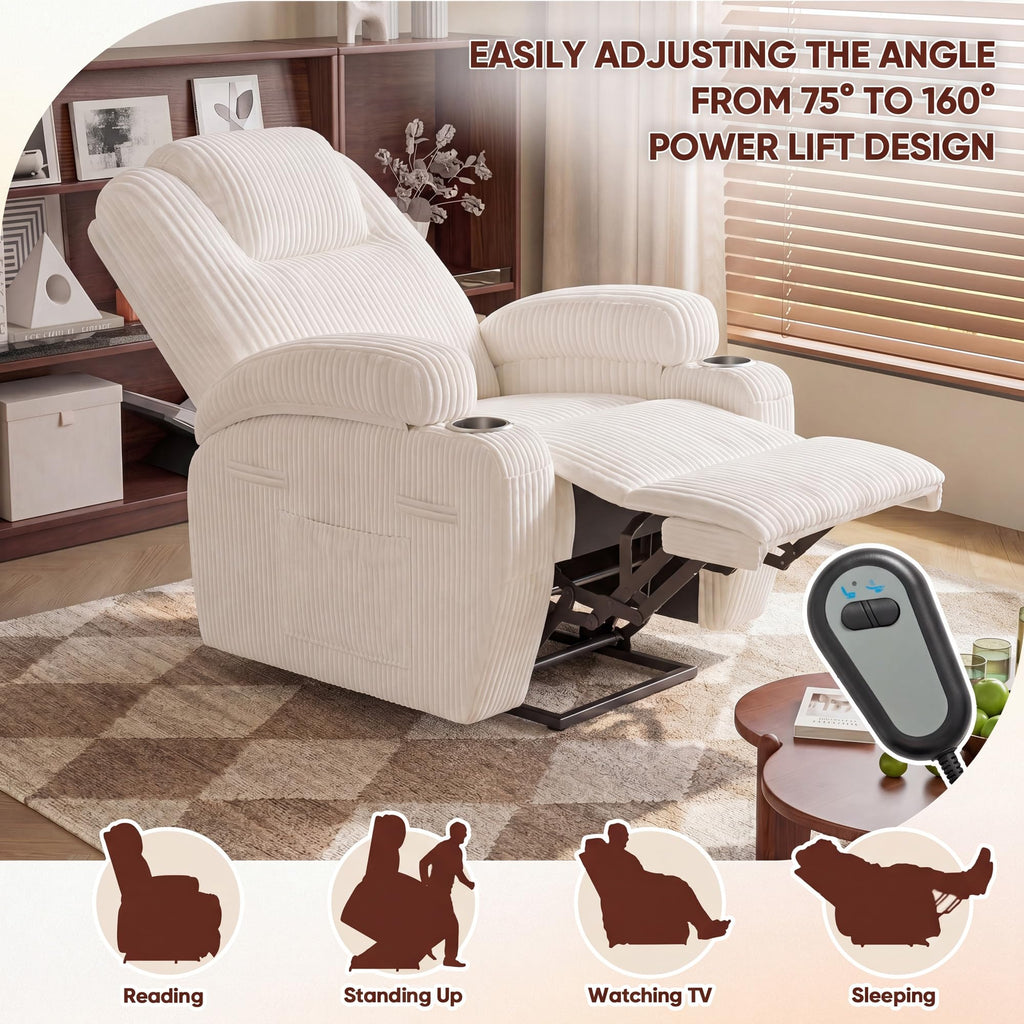 Furmax Electric Power Lift Recliner Chair with Massage for Elderly Corduroy Fabric Recliner Single Sofa with Cup Holders, Side Pockets and Remote Control for Living Room Bedroom (Leathaire, Brown)