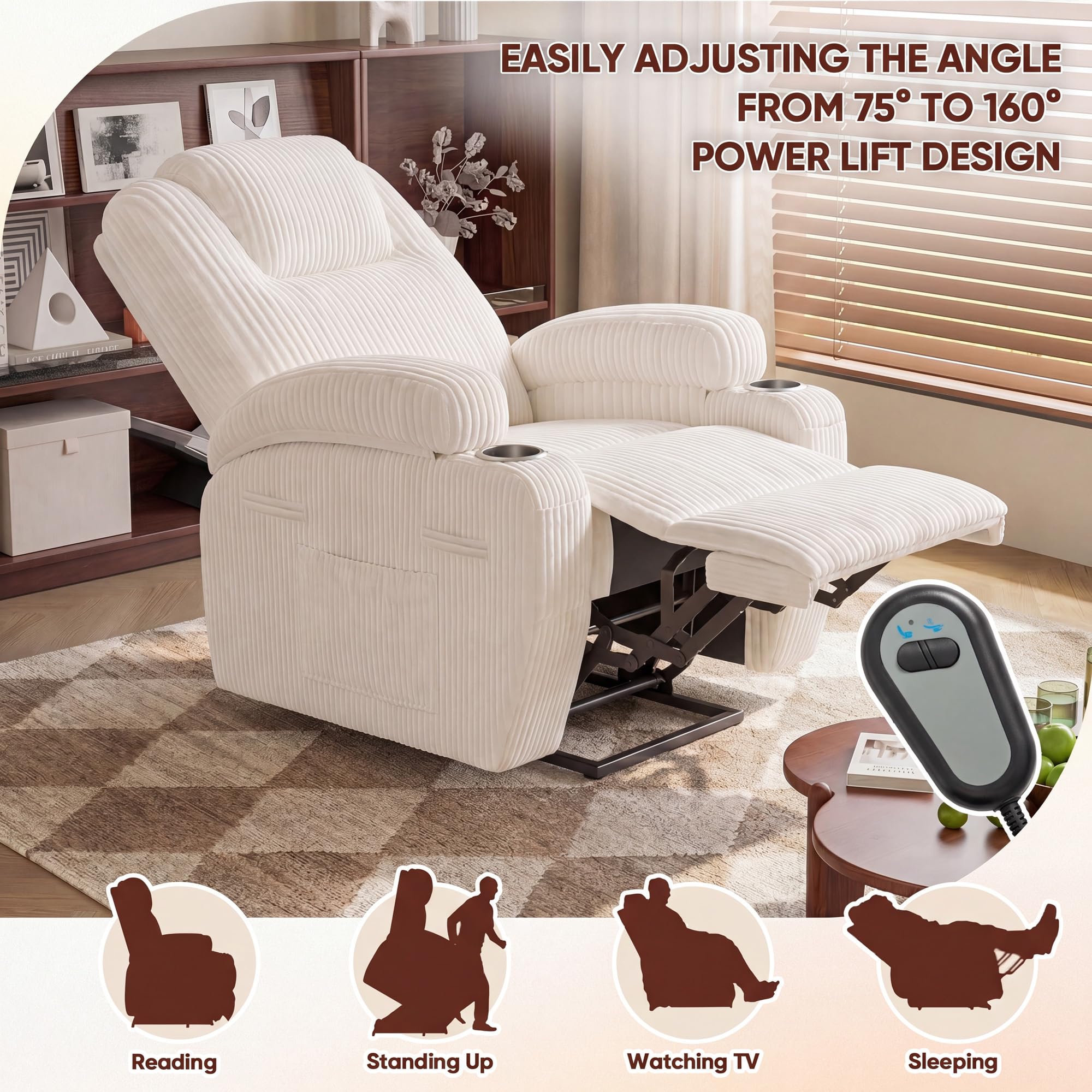 Furmax Electric Power Lift Recliner Chair with Massage for Elderly Corduroy Fabric Recliner Single Sofa with Cup Holders, Side Pockets and Remote Control for Living Room Bedroom (Leathaire, Brown)