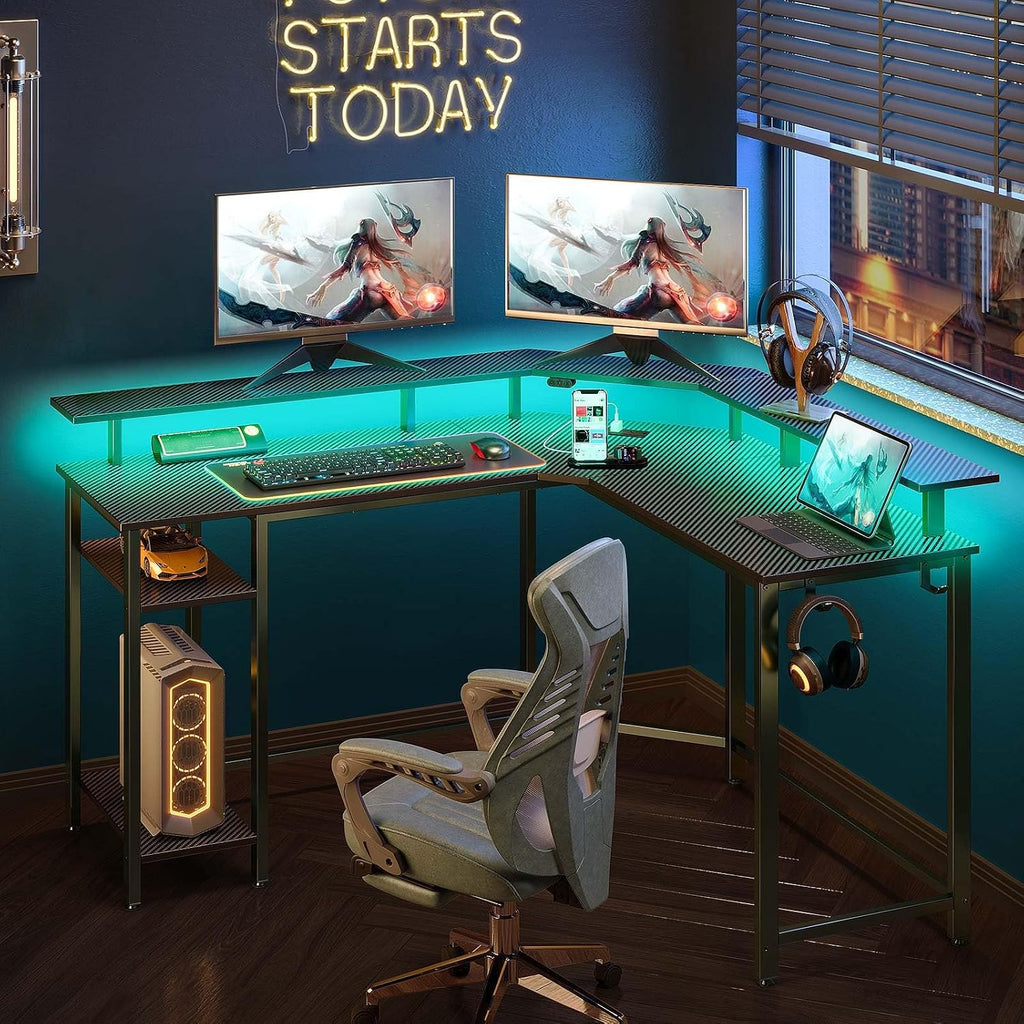 Rolanstar L Shaped Gaming Desk with LED Lights & Power Outlets, 46.2" Computer Desk with Full Monitor Stand & Storage Shelf, Corner Desk with Hooks, Carbon Fiber Desk Reversible
