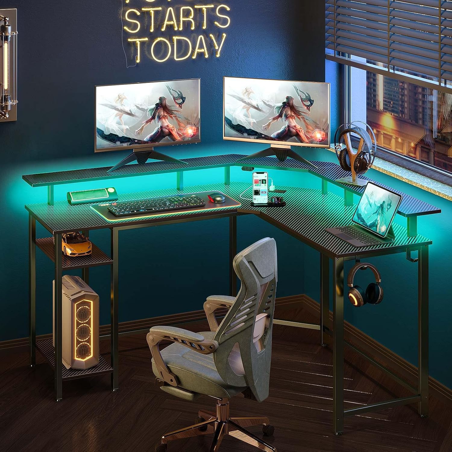 Rolanstar L Shaped Gaming Desk with LED Lights & Power Outlets, 46.2" Computer Desk with Full Monitor Stand & Storage Shelf, Corner Desk with Hooks, Carbon Fiber Desk Reversible