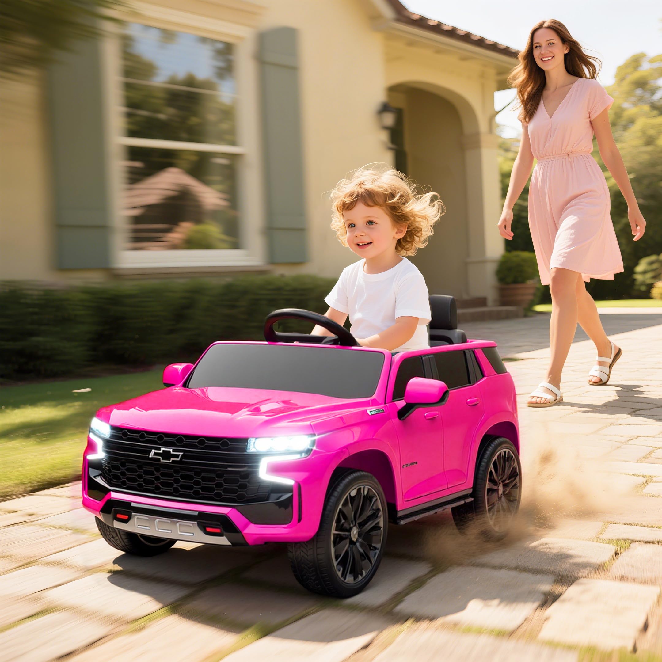 Aosom Licensed Chevrolet Tahoe Ride On Car, 12V 7AH Battery Power Ride On Toy with Parent Remote Control, LED Lights, Music, 4 Wheeler Suspension, 3 Speeds, Kids Electric Vehicle for Aged 3+, Pink