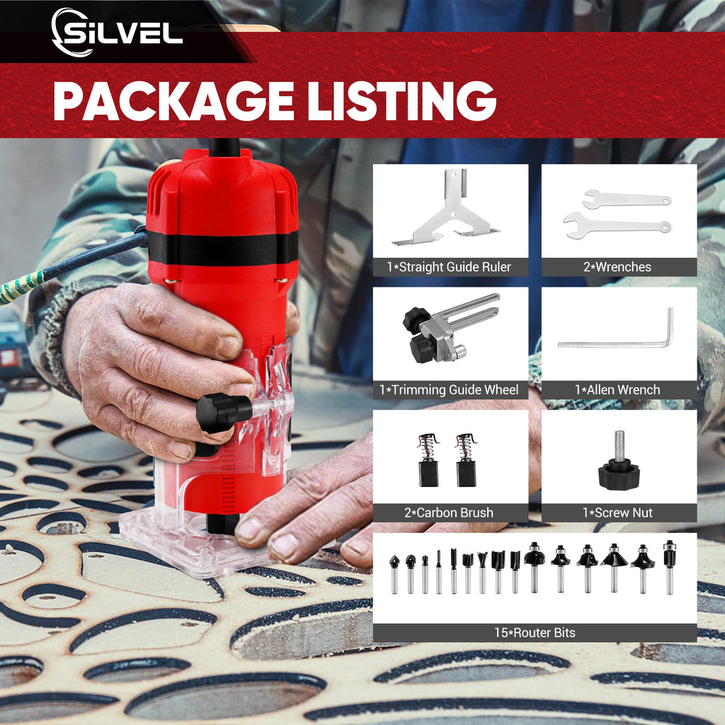SILVEL Wood Router, 800W Wood Routers for Woodworking, 6.5Amp 1.25HP Hand Wood Router Tool, 30000R/MIN Compact Edge Trimmer with 15 1/4" Router Bit Set, Red