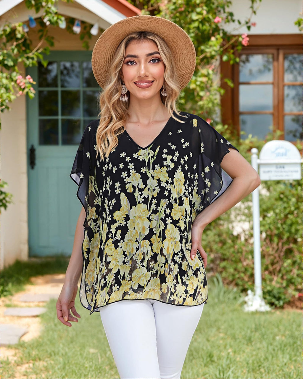 Lotusmile Women's Loose Flouncing Flutter Sleeve Double-Layered Shirt Chiffon Elegant Dressy Blouse Work Tops