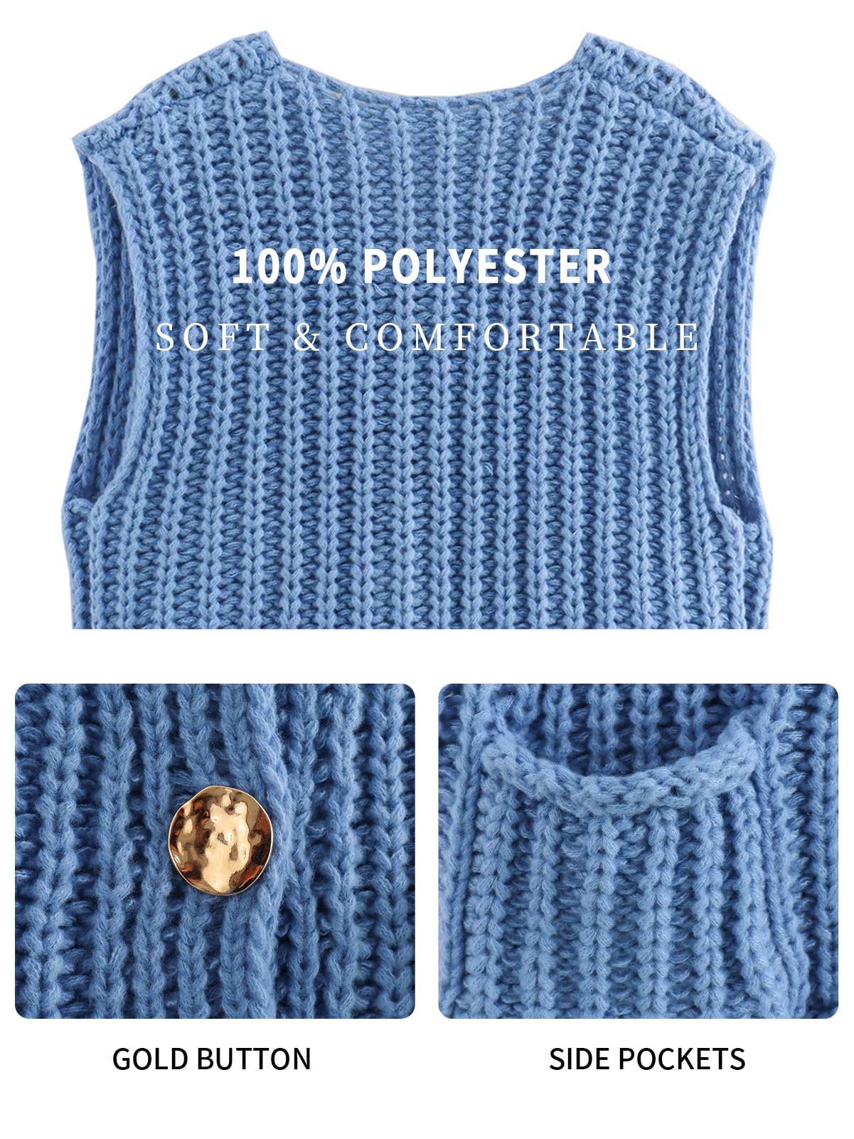 KEOMUD Women's Sleeveless Cropped Knit Cardigan Casual Button Down Crochet Sweater Vest Tops with Pockets