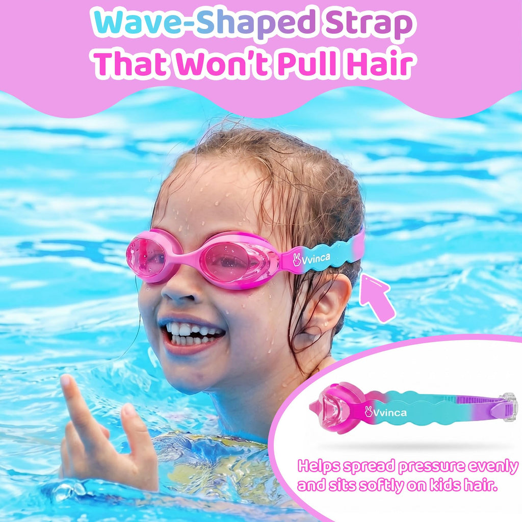 Vvinca Kids Swim Goggles with Fabric Strap No Tangle Pain-Free, Anti-Fog Swimming Pool Goggle No Leak for Toddlers Girls Boys