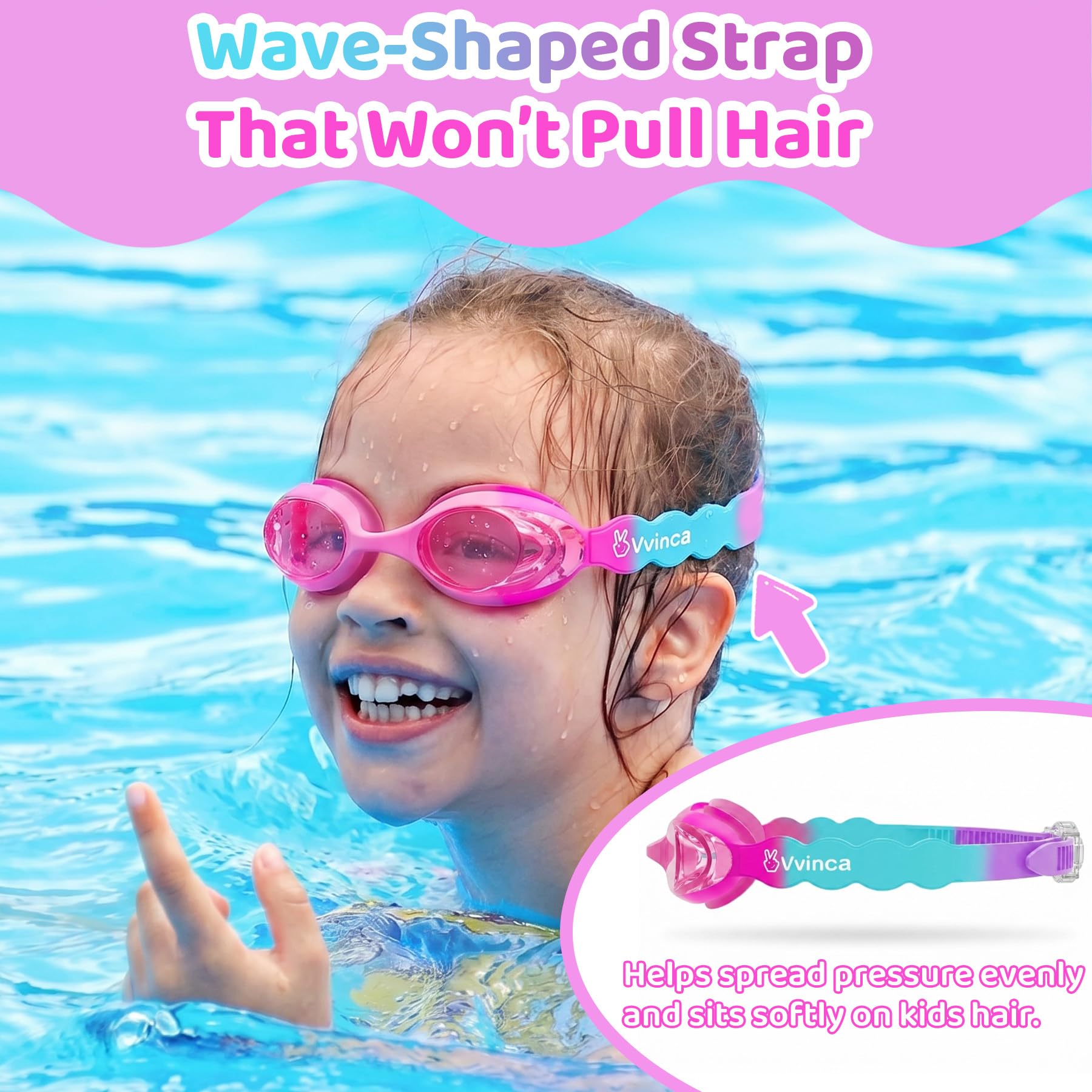 Vvinca Kids Swim Goggles with Fabric Strap No Tangle Pain-Free, Anti-Fog Swimming Pool Goggle No Leak for Toddlers Girls Boys