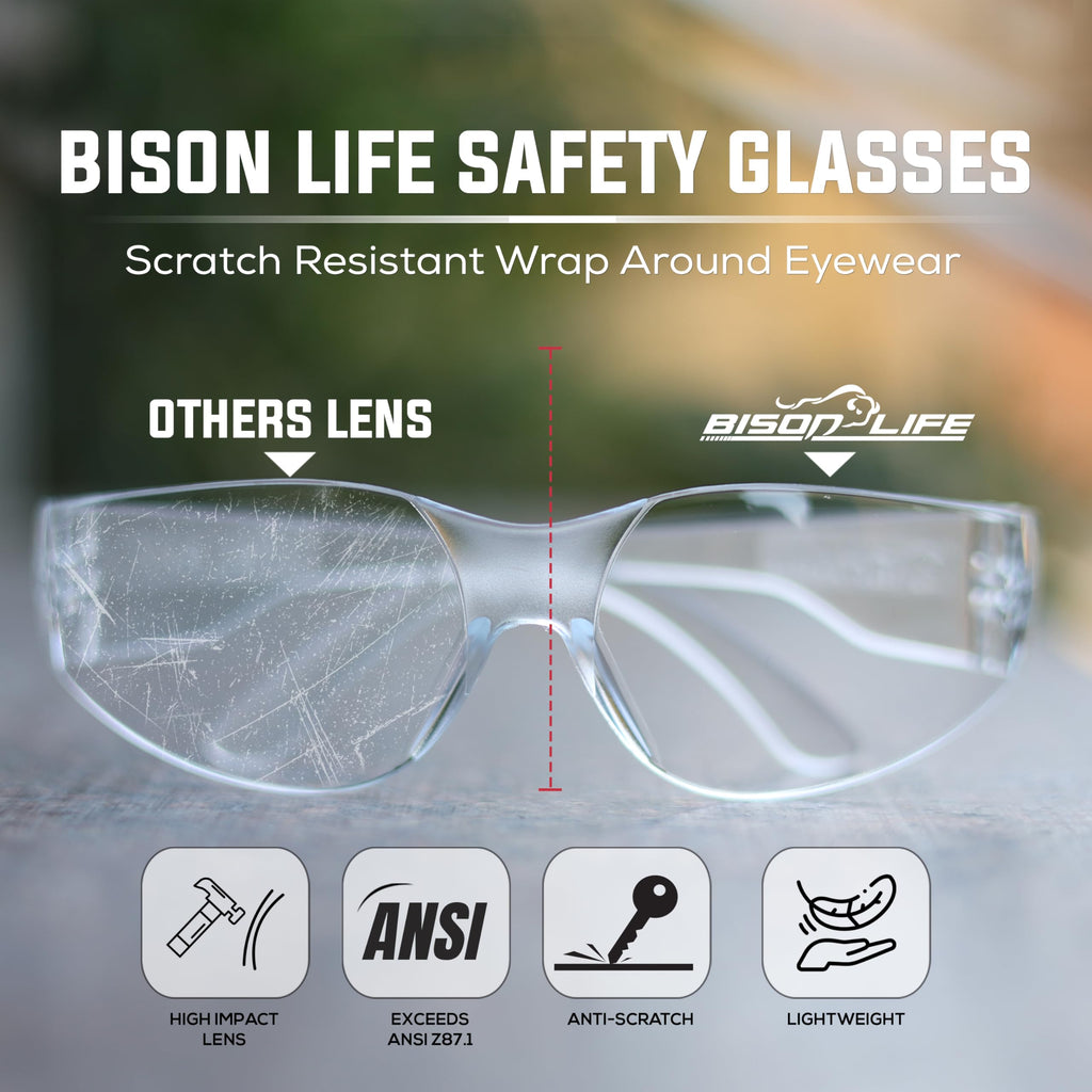 BISON LIFE Clear Safety Glasses – ANSI Z87.1 Certified Scratch & Impact Resistant Eye Protection Goggles for Men & Women