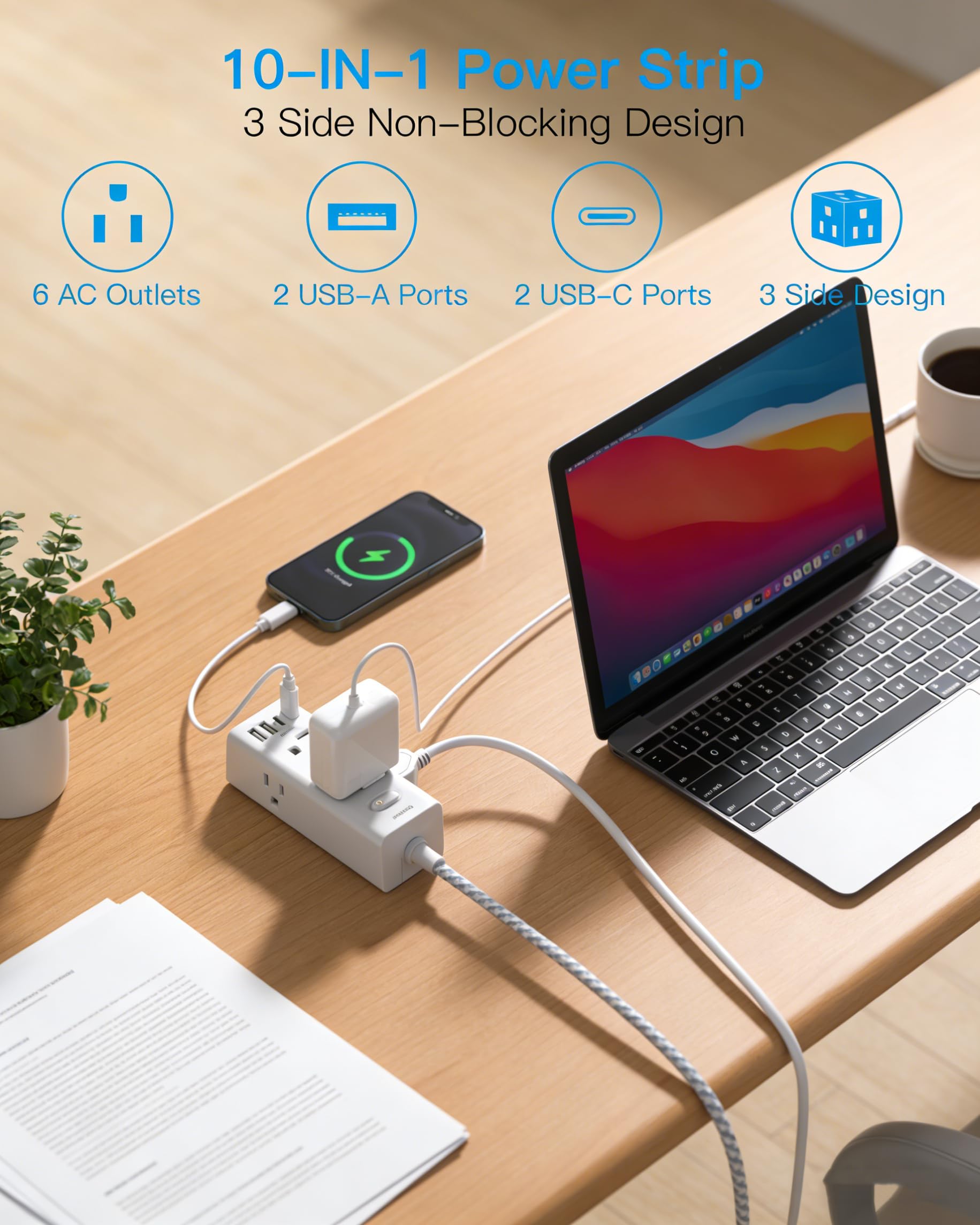 One Beat Short Extension Cord 1Ft, Flat Plug Power Strip Surge Protector - 6 Widely Outlets with 4 USB Ports (2 USB C), Wall Mount Small Power Strip for Travel, Home Office College Dorm Essentials