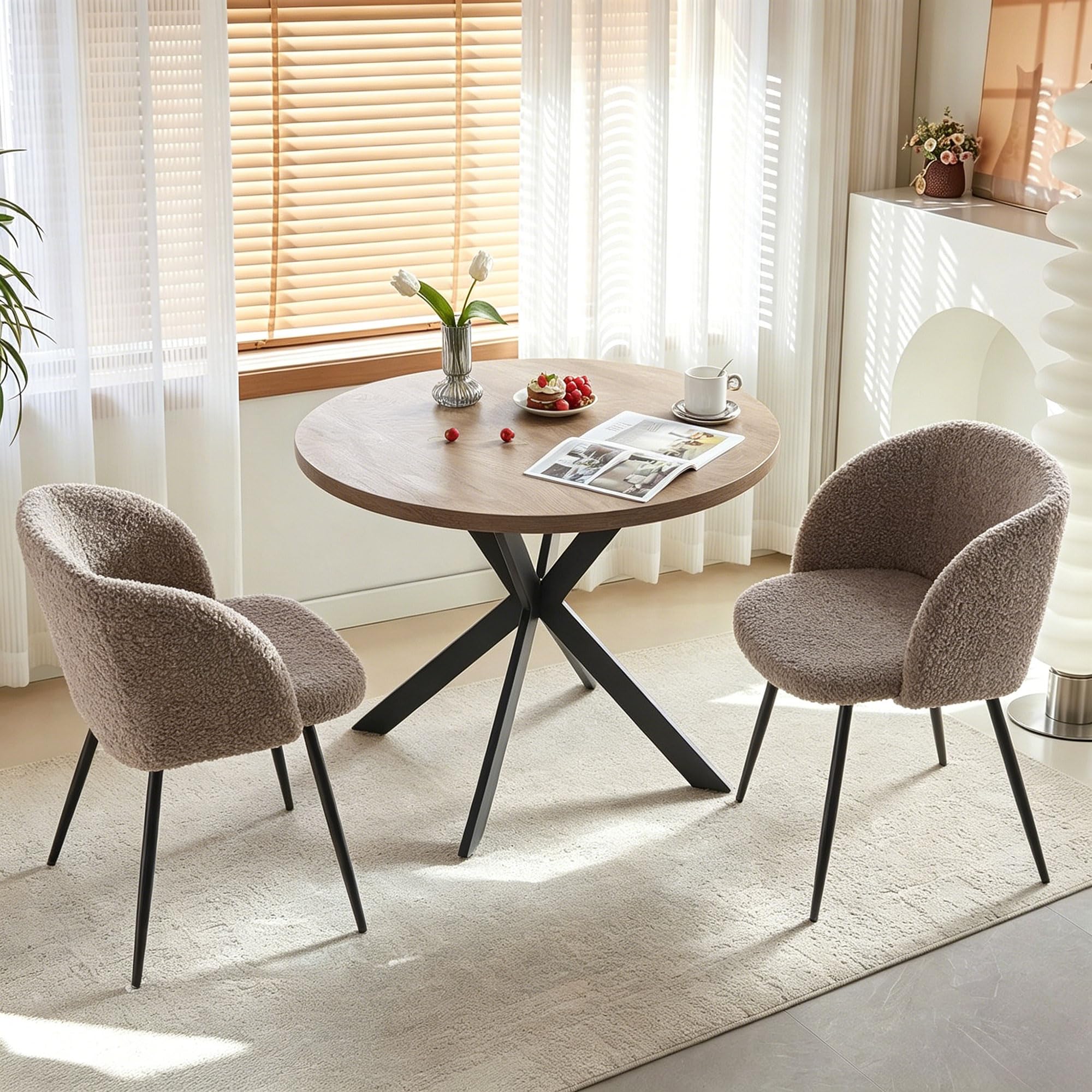 Homedot Dining Table Set for 2 with Black Dining Chairs, 3-Piece Compact Kitchen Table Set for Small Spaces, Rustic Brown Round Table Wooden with Upholstered Dining Side Chairs for Living Room