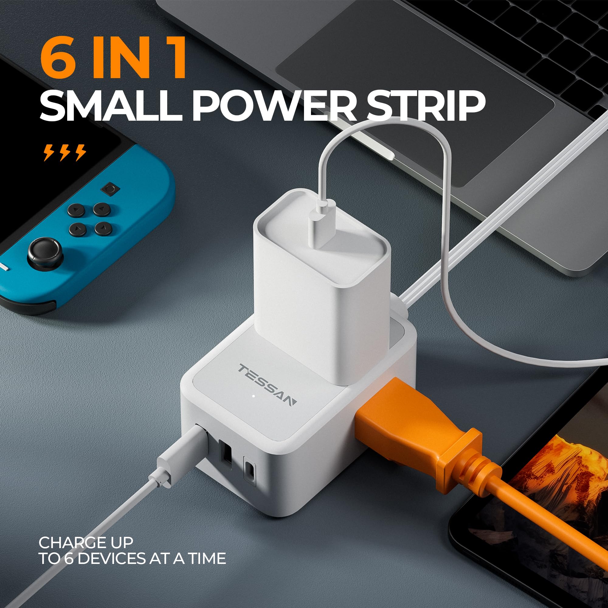 TESSAN Small Flat Plug Power Strip, Ultra Thin Extension Cord 5 ft, 3 AC Outlets with 3 USB Ports (1 USB C), Multiple Wall Outlet Extender for Cruise Travel Office School Dorm Room Essentials, Black