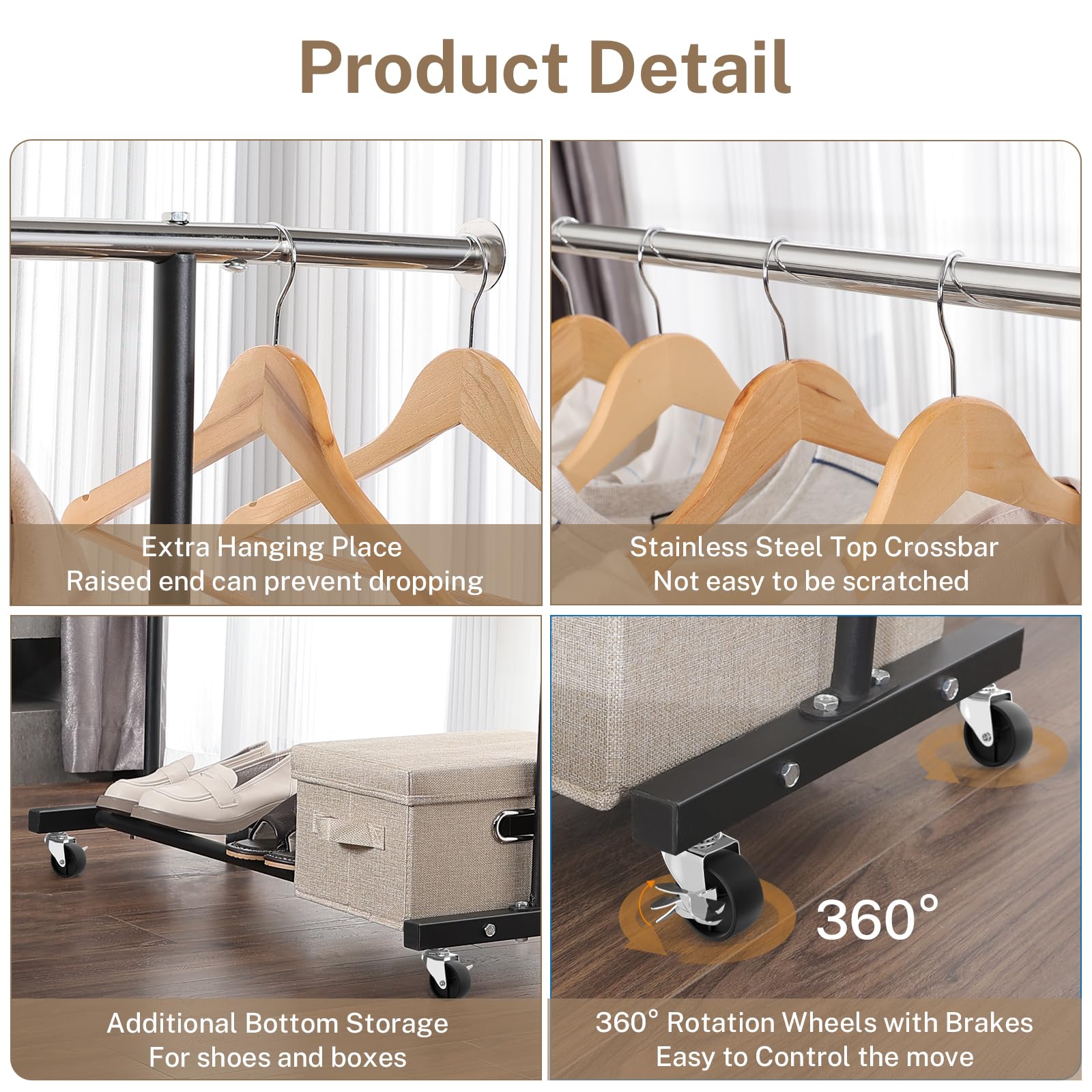 VICERII Clothing Rack, 55.51 Inch Heavy Duty Clothes Rack Rolling Garment Rack with Wheels and Bottom Shelf, 130LB Capacity Clothes Racks for Hanging Clothes, Coats, Shirts, Sweaters, Skirts, Black