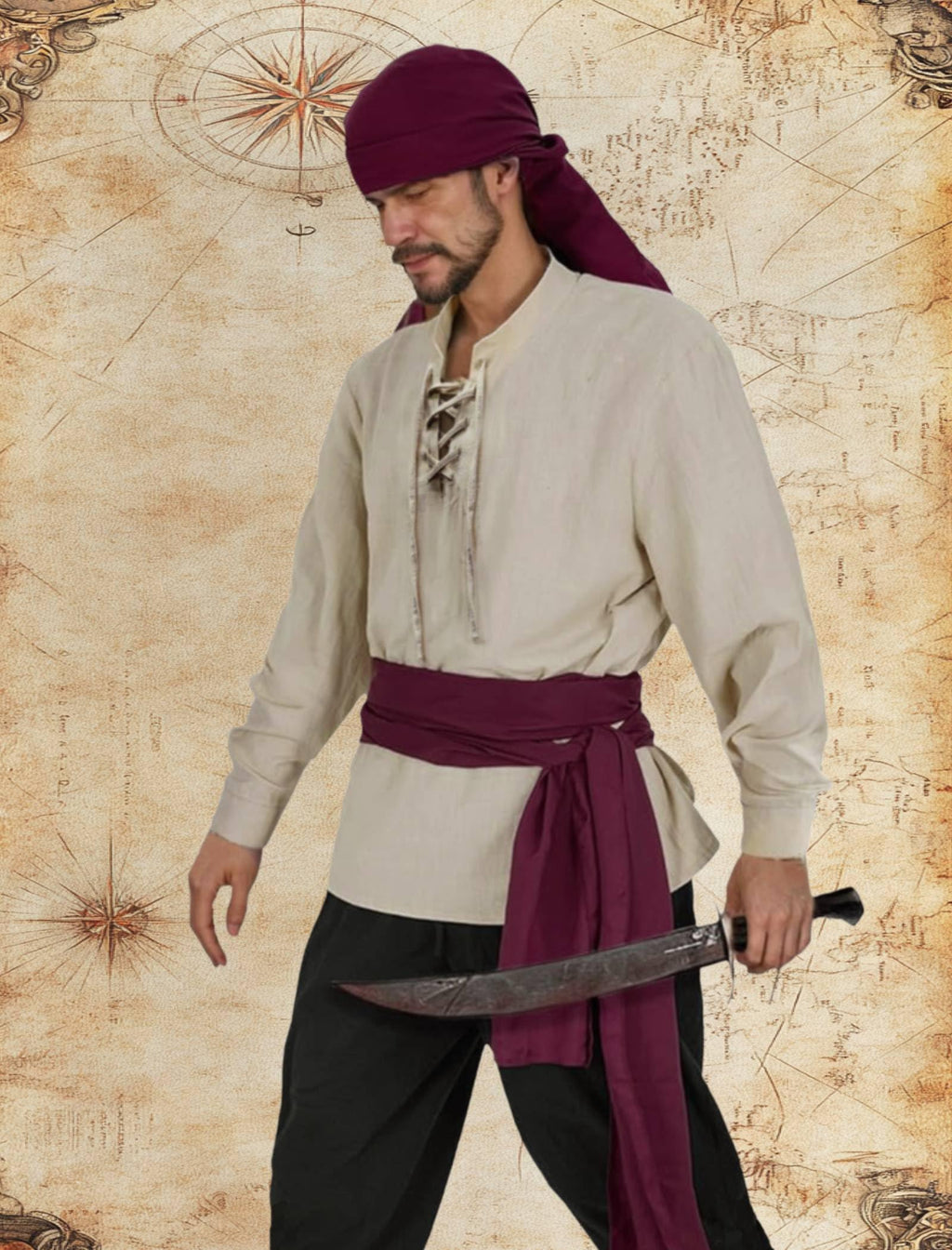 Verceco Mens Pirate Costume Outfit Renaissance Costume Men Medieval Outfit With Pirate Pants Shirts Sash Accessories (Black, Medium)