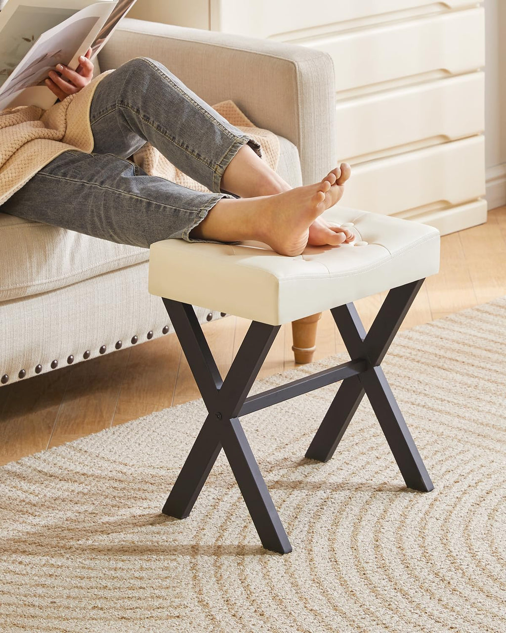 IBUYKE U-Shaped PU Vanity Stool, Square Makeup Chair with X-Leg, Ottoman Seat Footrest Stool, Multi-Use as Small Side Table, for Bedroom, Living Room, Black WBD019B
