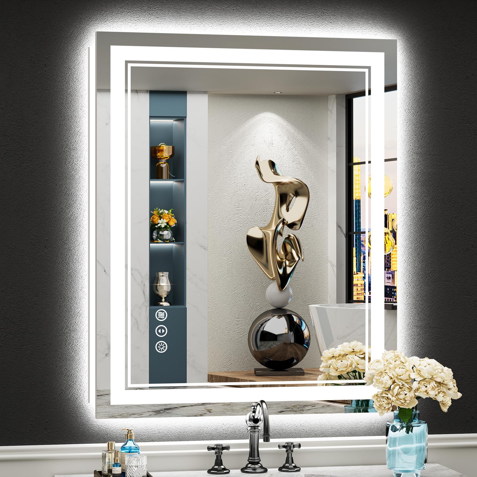 24x32 Black Framed LED Bathroom Mirror with Lights, Backlit and Front Lit Anti-Fog Lighted Vanity Mirrors for Bathroom Wall, Dimmable, 3 Colors, Memory, HD Tempered Glass, Horizontal/Vertical