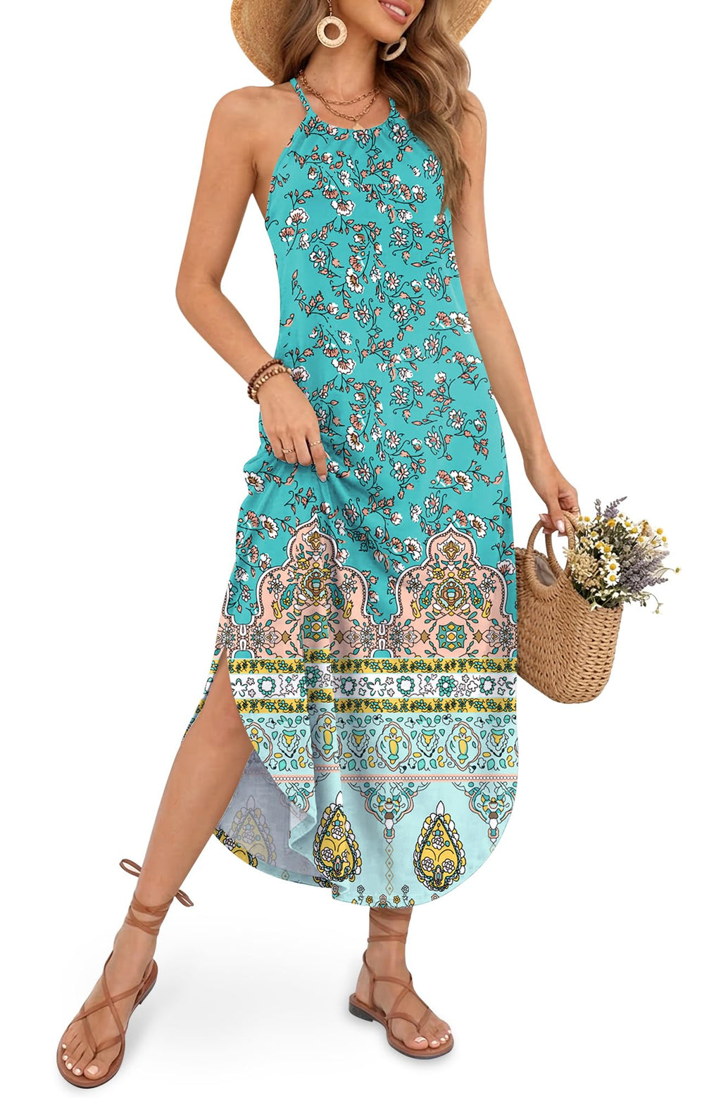 For G and PL Women's Summer Casual Halter Side Slit Maxi Beach Dress Resort Vacation Cruise Wear Sundress