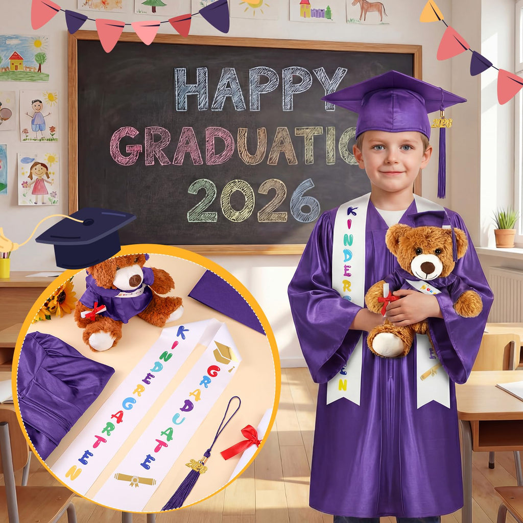 Sintuff 7 Pcs Kindergarten Preschool Graduation Cap and Gown with Bear Gifts 2026 Grad Stole Tassel Sash for Toddler Kids