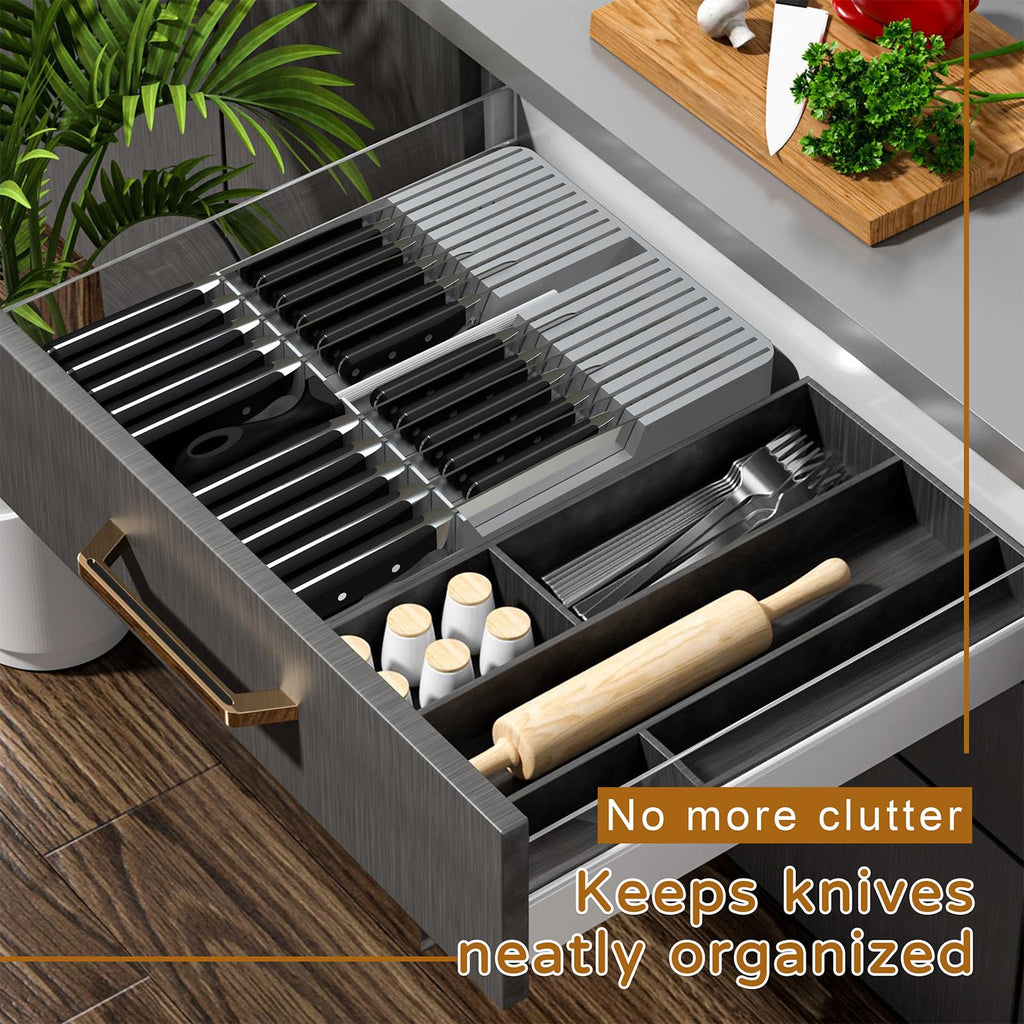 NIUXX Bamboo In-Drawer Knife Block Set for 9 Knives(Not Included), Large Kitchen Detachable Washable Cutlery Slot Organizer Storage Holder for Sharpening Steel and Cutter