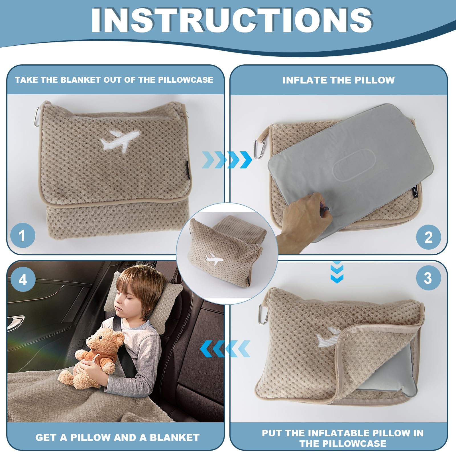 Travel Blanket Airplane Compact with Bag, Travel Essentials 3 in 1 Packable Airplane Blanket, Travel Pillow and Blanket Set, Inflatable Pillow, Luggage Sleeve & Backpack Clip (Camel)