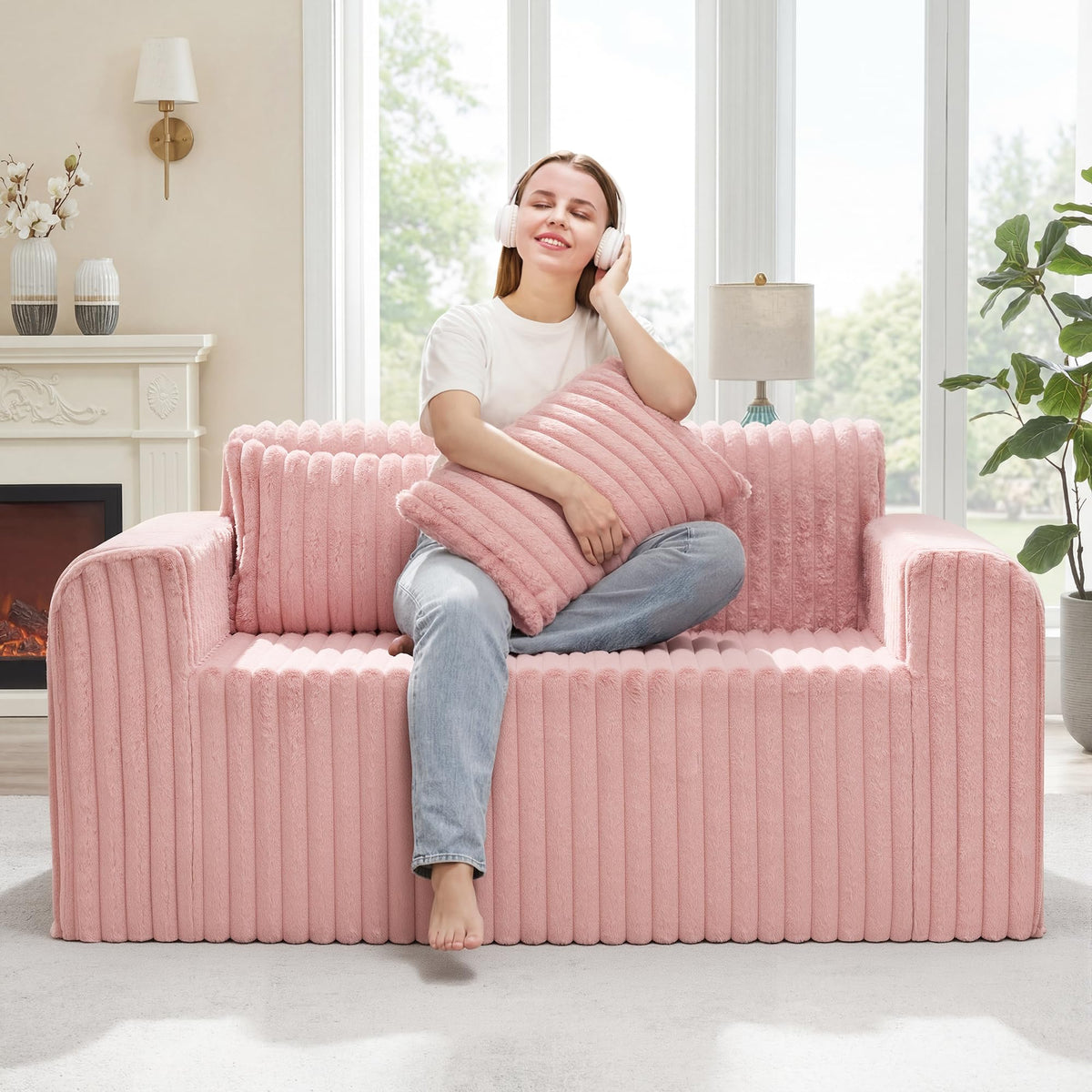 Hobestluk Single Sofa Foam Couch Sofa for Small Spaces Comfy Sofas with Removable Cover Furry Couch with Pillows for Living Room, Bedroom, Apartment, Office (Black, Standard)