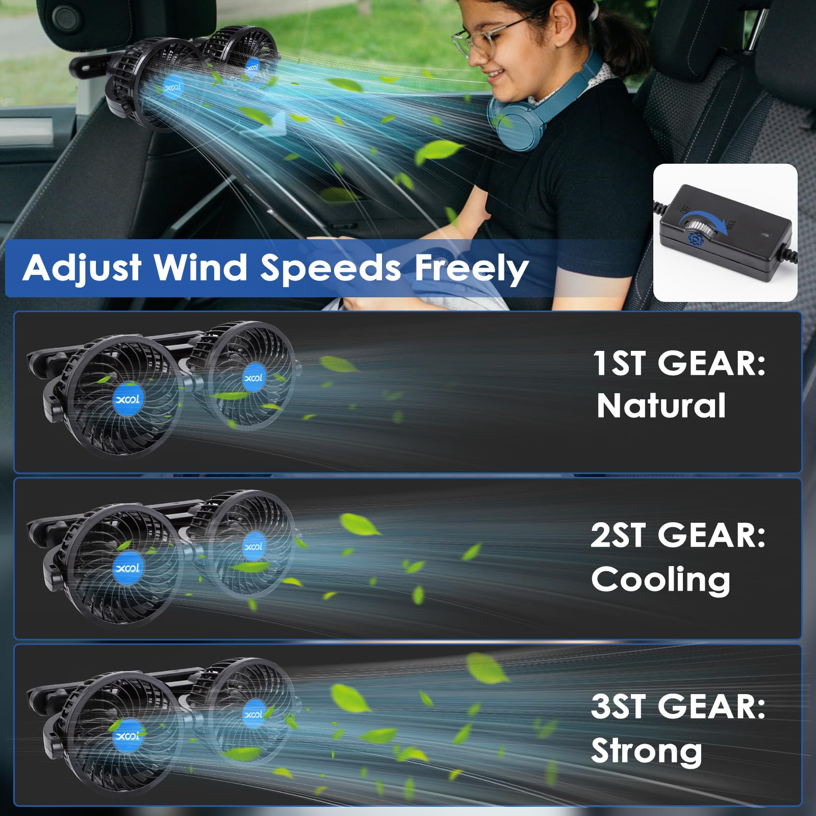 XOOL Clip Car Fan, 9 Inches 12V/24V Fan, 360° Rotatable Electric Cooling Clip on Fan with Stepless Speed Regulation for SUV, RV, Truck