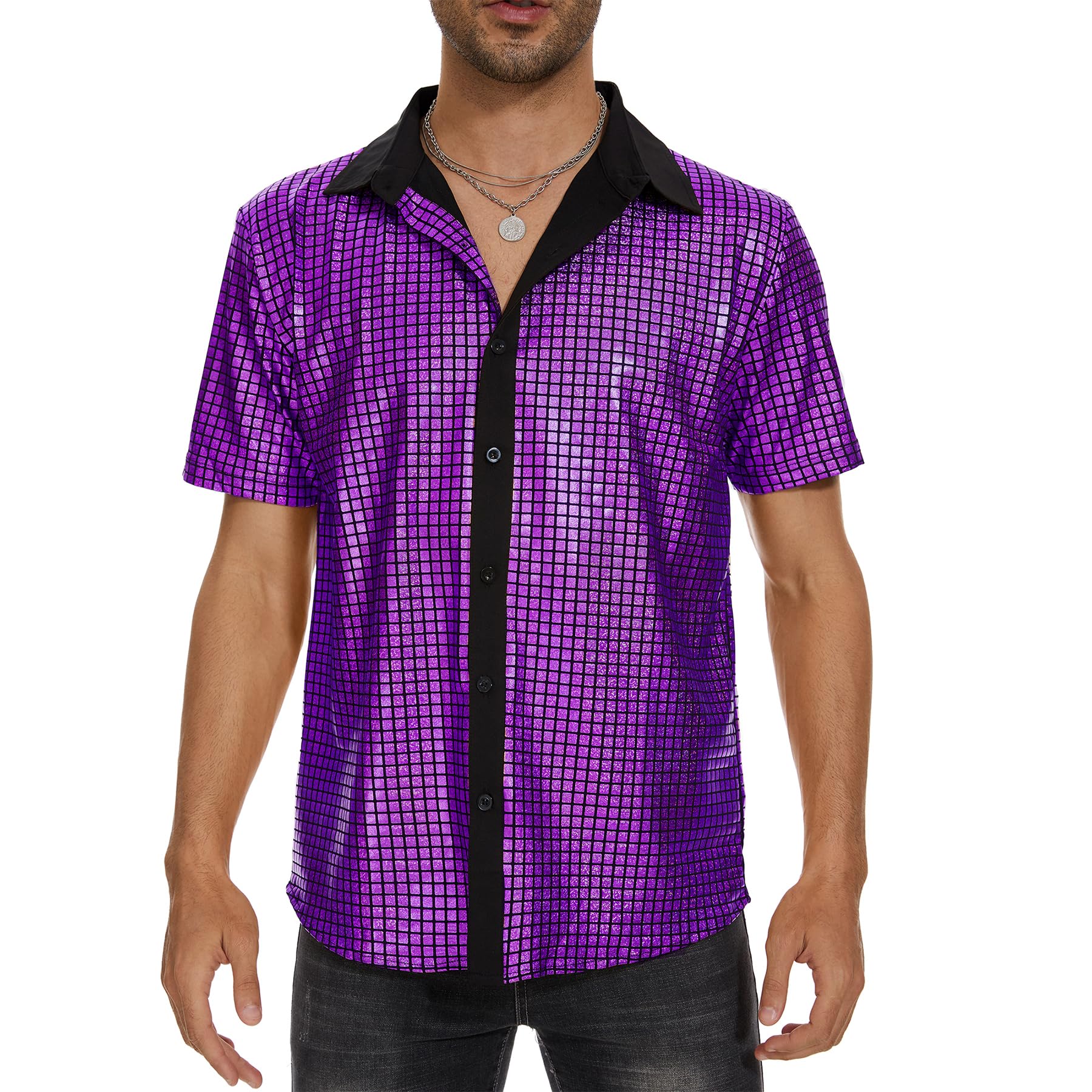 Zando Men's Sequin 70s 80s Disco Shirt - Retro Short Sleeve Button Up Costume Halloween New Year Party Outfit Top & Clubwear