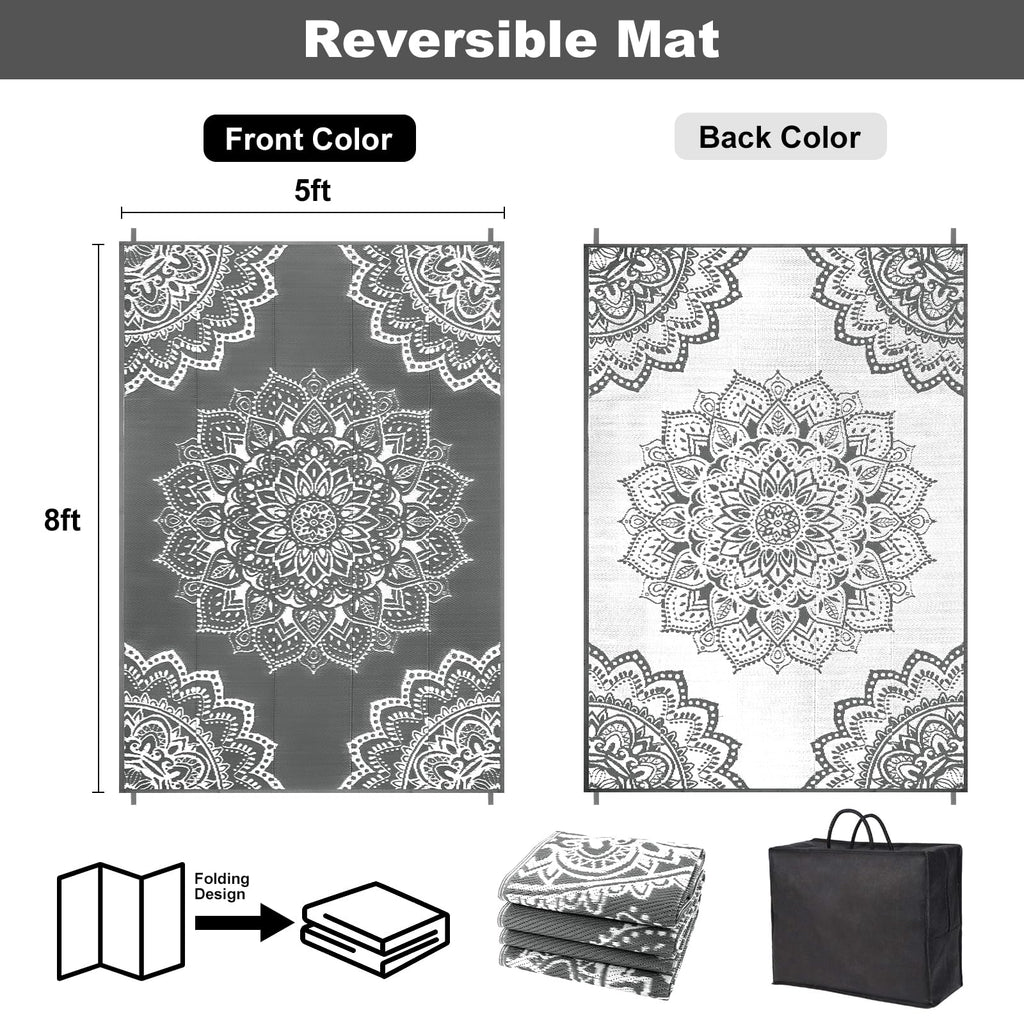 Yamaziot Waterproof Outdoor Rug 5x8 ft, Reversible Plastic Straw Rug for Patio Clearance, Camping, RV Mat, Outside Rug Carpet for Porch, Deck, Backyard, Balcony, Picnic,Black Brown