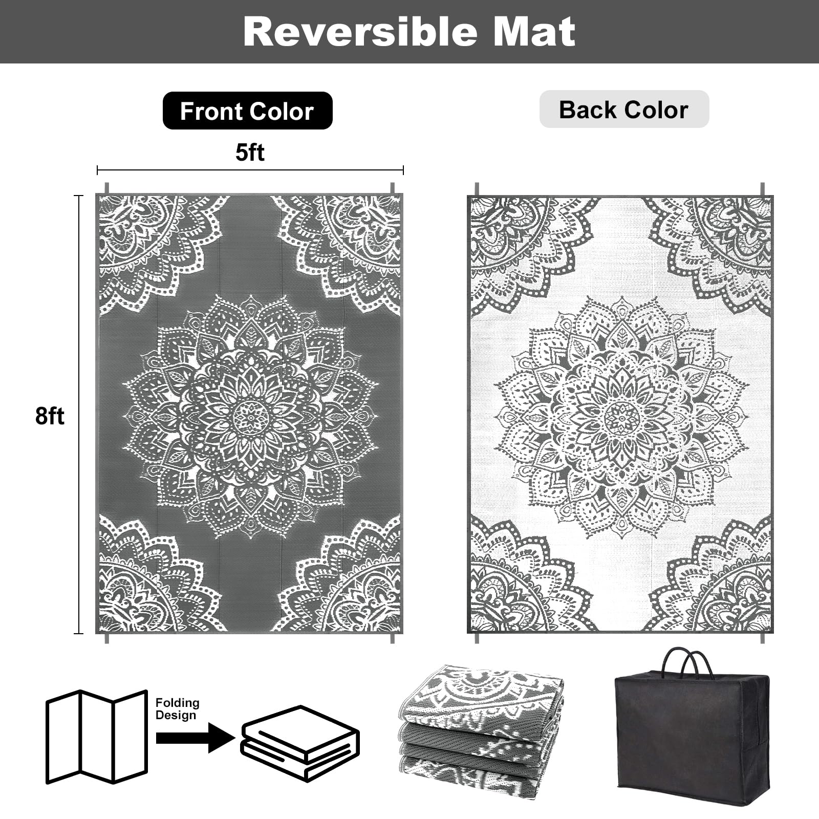 Yamaziot Waterproof Outdoor Rug 5x8 ft, Reversible Plastic Straw Rug for Patio Clearance, Camping, RV Mat, Outside Rug Carpet for Porch, Deck, Backyard, Balcony, Picnic,Black Brown