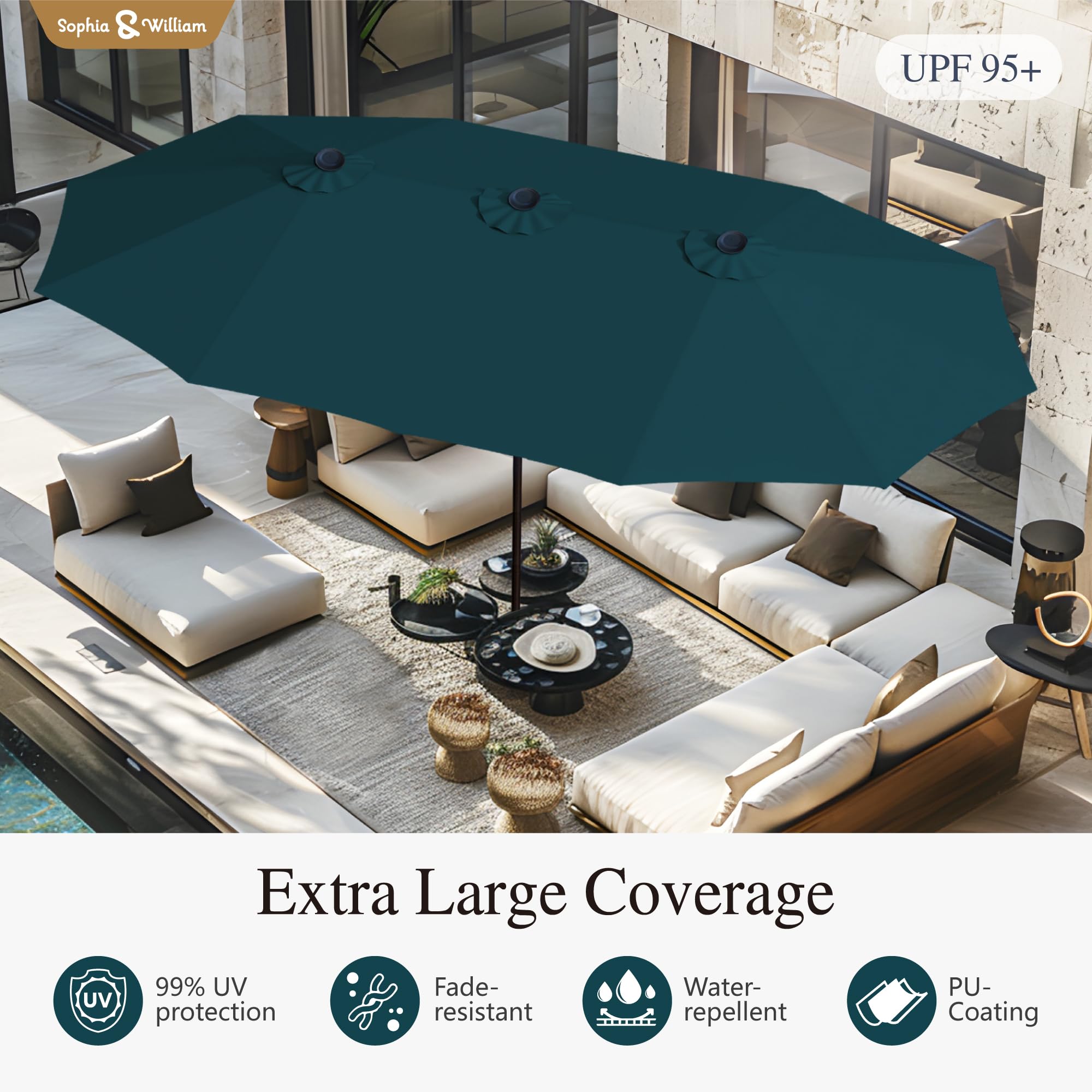 Sophia & William 15 ft Extra Large Patio Umbrella with Base Included, Rectangular Outdoor Umbrella Heavy Duty, Market Umbrella Double-sided Fade Resistant for Pool Garden Backyard, Beige