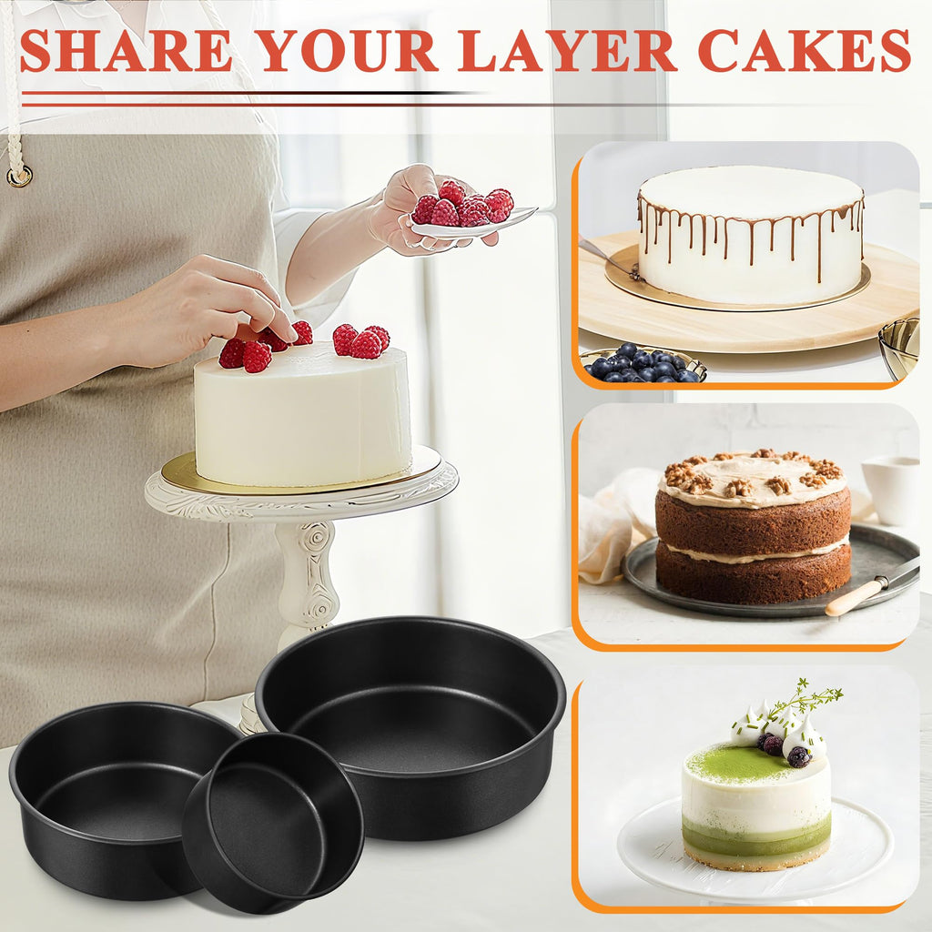 E-far 4 Inch Cake Pan Set of 3, Nonstick Stainless Steel Mini Round Cake Pans Tin, Small Size for Baking Smash Cakes/Cheesecake, Stainless Steel Core & Non-toxic Coating, Straight Side & 2 Inch Deep
