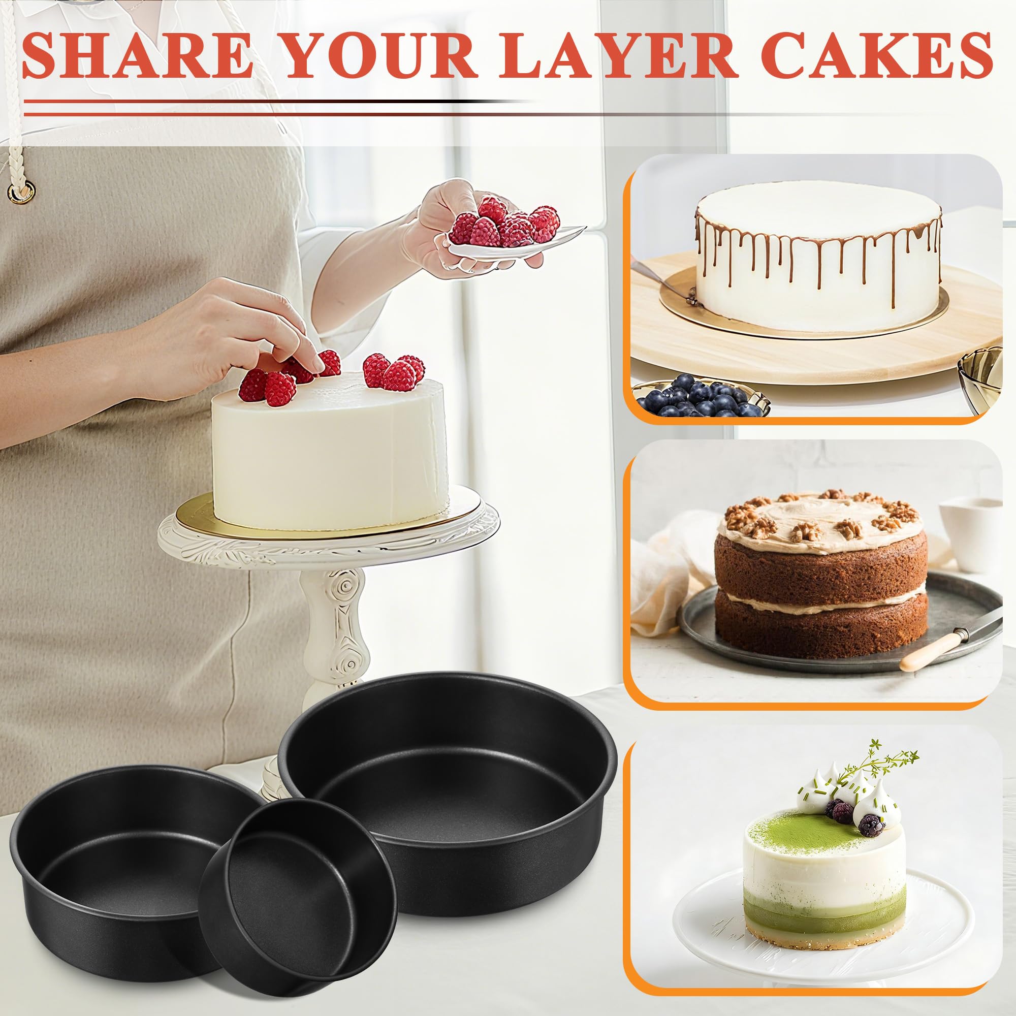 E-far 4 Inch Cake Pan Set of 3, Nonstick Stainless Steel Mini Round Cake Pans Tin, Small Size for Baking Smash Cakes/Cheesecake, Stainless Steel Core & Non-toxic Coating, Straight Side & 2 Inch Deep