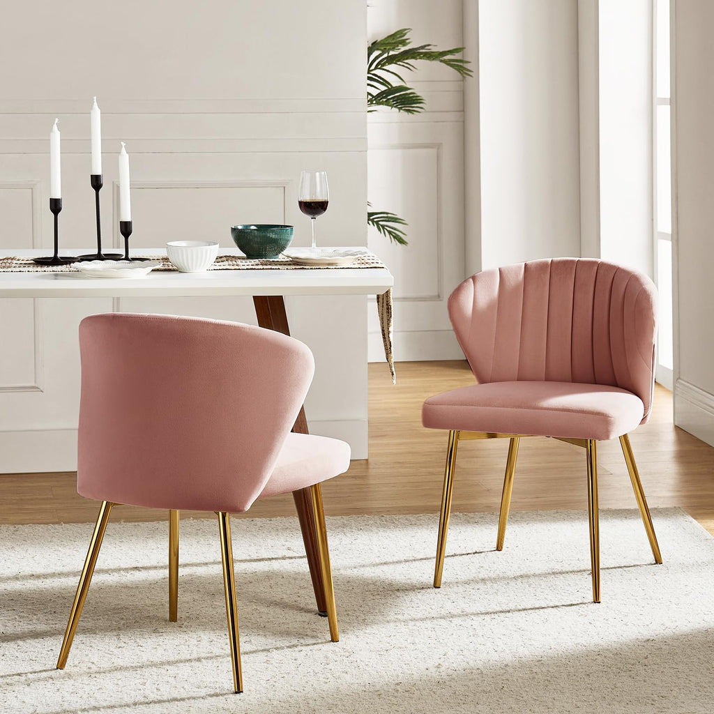 HULALA HOME Velvet Dining Chairs, Modern Small Armless Accent Chair with Gold Metal Legs, Living Room Upholstered Cute Side Chair, Elegant Tufted Back Vanity Chair for Bedroom, Auburn