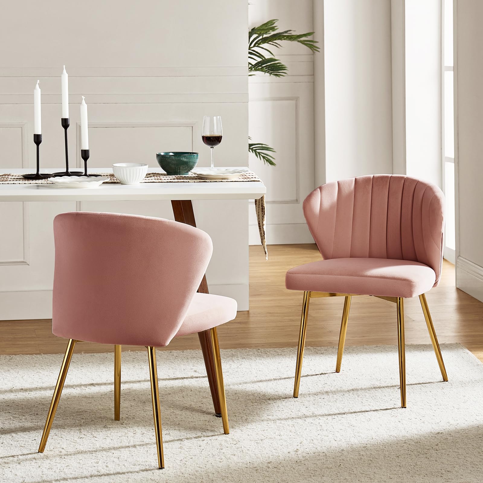 HULALA HOME Velvet Dining Chairs, Modern Small Armless Accent Chair with Gold Metal Legs, Living Room Upholstered Cute Side Chair, Elegant Tufted Back Vanity Chair for Bedroom, Auburn