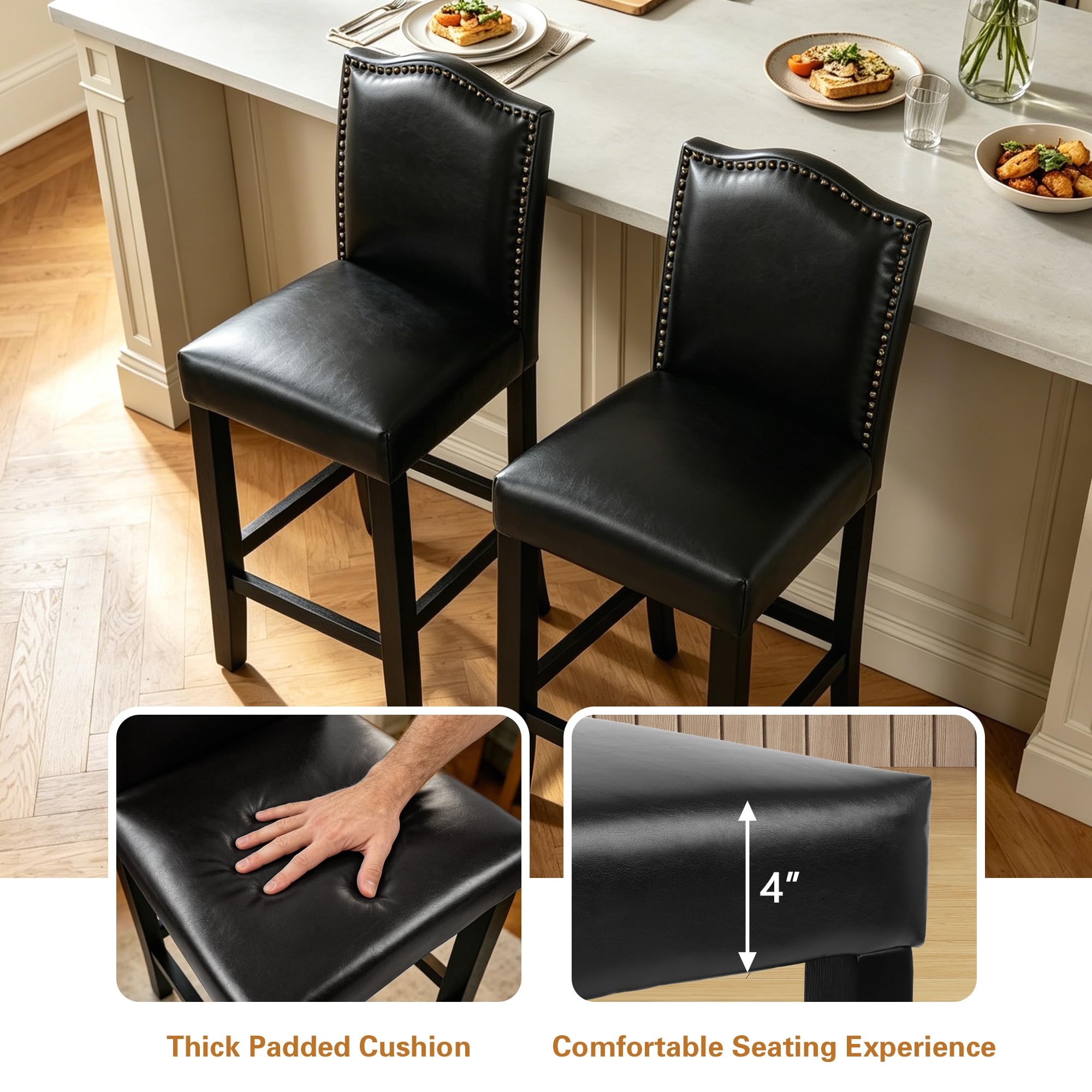 LSSPAID Counter Height Bar Stools Set of 2, 24.8 Inch Modern Upholstered Fabric Barstools, Kitchen Island Chairs with Bronze Nail Backrest and Solid Wood Legs for Kitchen Pub Home Cafe, Beige