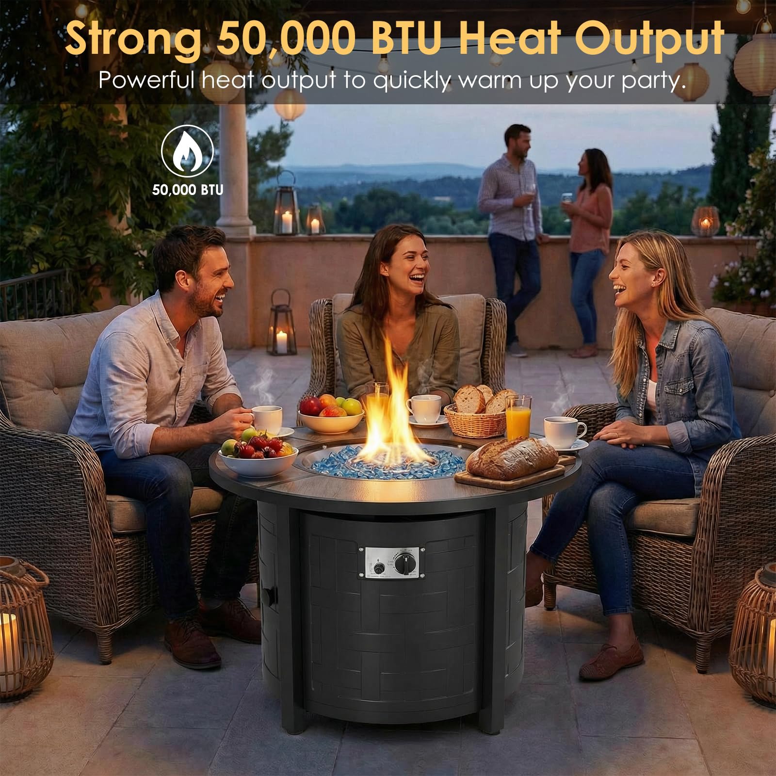 TLGREEN Propane Fire Pit Table 30 Inch Round – 50,000 BTU Outdoor Fire Pit with Lid, Converts to Patio Coffee Table, Certified, Includes Waterproof Cover & Blue Fire Glass(Grey)