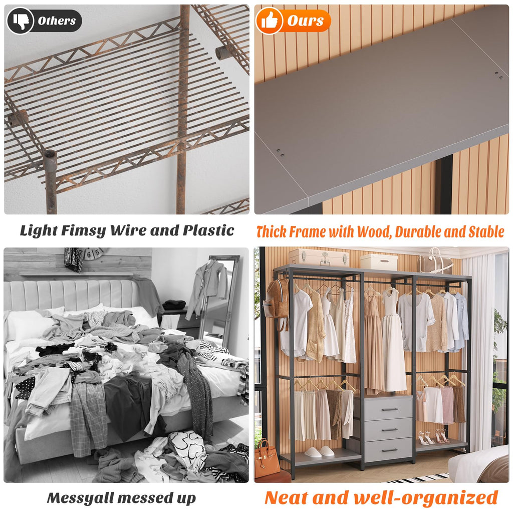 Aheaplus Garment Rack Heavy Duty Clothes Rack for Hanging Clothes,Clothing Rack with Drawers, Wood Stoarge Shelf Freestanding Closet Wardrobe Rack, Corner L Shaped Closet System Organizers, Grey