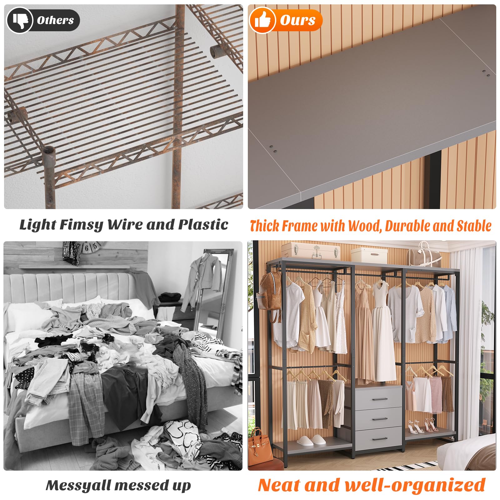 Aheaplus Garment Rack Heavy Duty Clothes Rack for Hanging Clothes,Clothing Rack with Drawers, Wood Stoarge Shelf Freestanding Closet Wardrobe Rack, Corner L Shaped Closet System Organizers, Grey