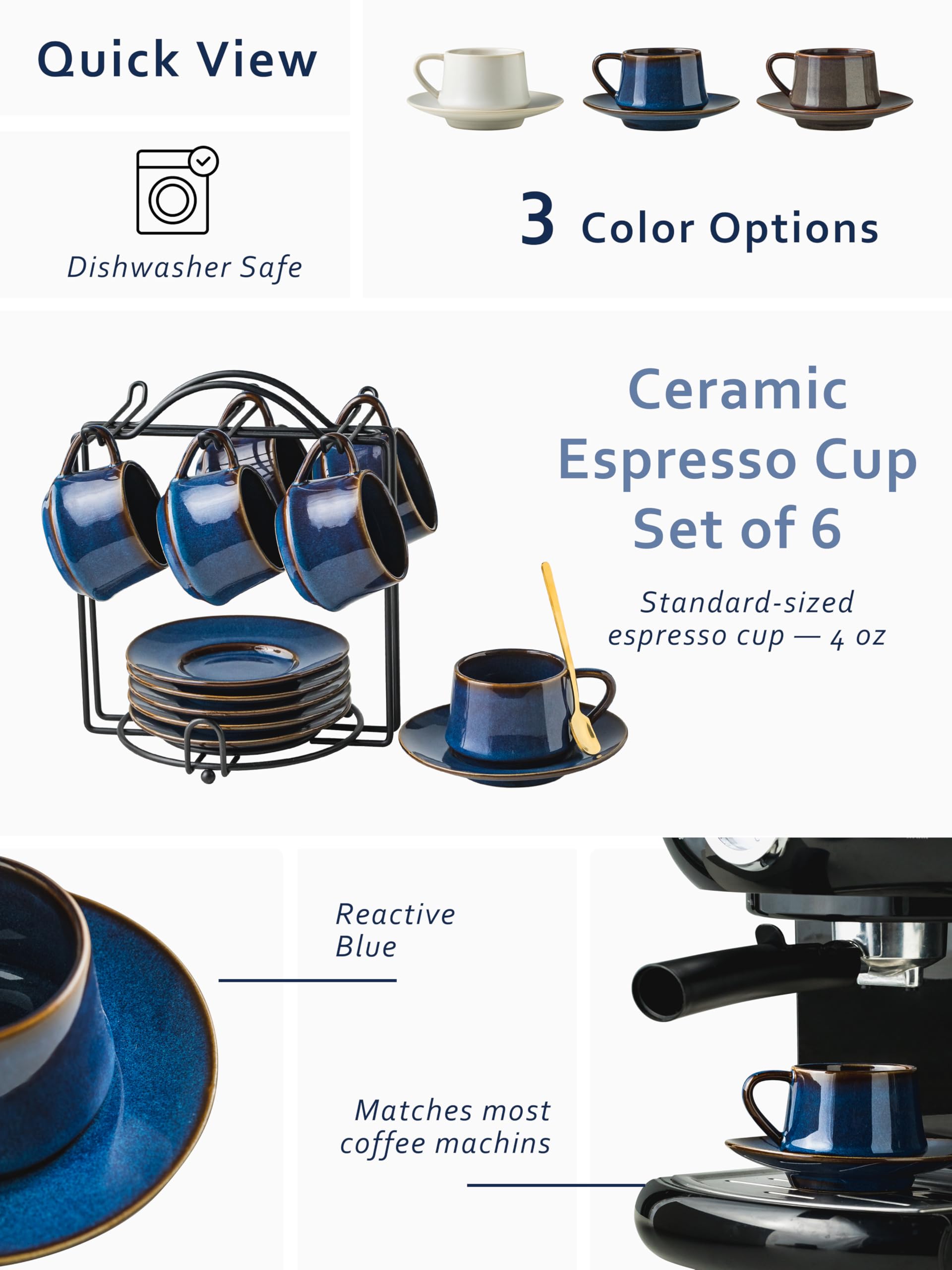 YHOSSEUN Ceramic Espresso Cups Set of 6, 4 OZ Expresso Shots Cup with Stand, Saucers & Spoons, Small Coffee Cup Demitasse Cups for Father's Day, Espresso Accessories for Machine, Black