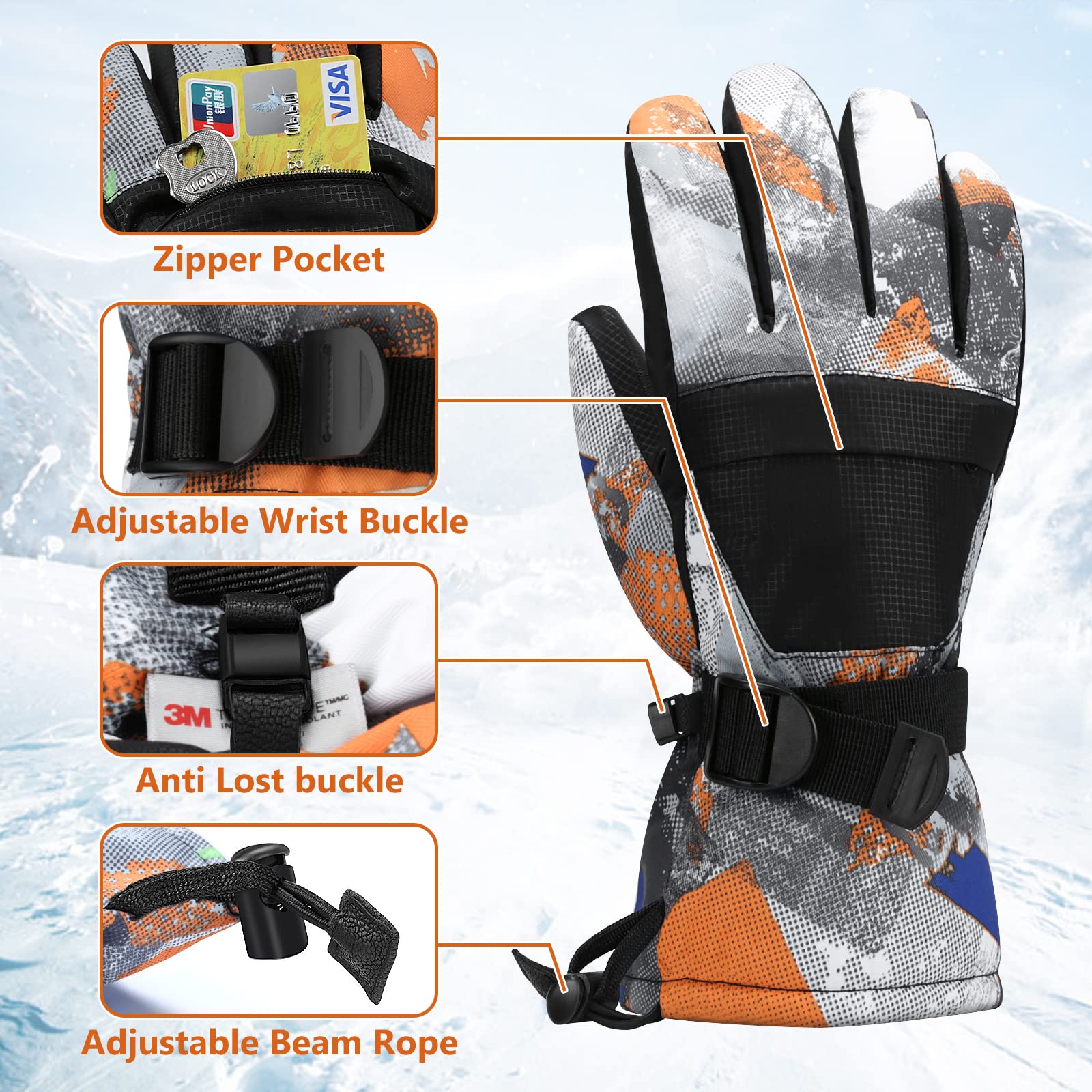 Ski Gloves,Snow Gloves Waterproof Winter Warm Cold Weather Touchscreen Gloves for Parent& Child Kids Skiing,Snowboarding