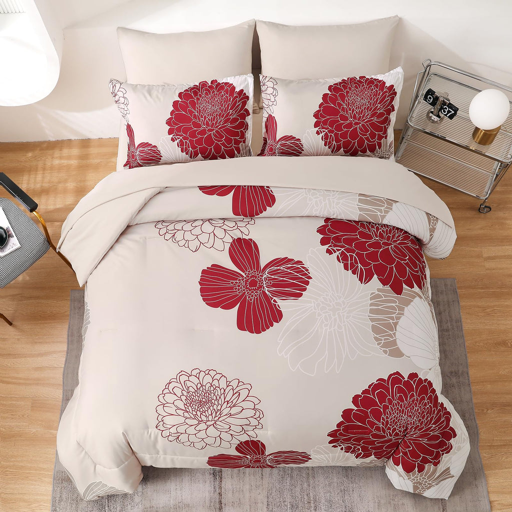 Yiran 7 Pieces Bed in a Bag Blue Floral Comforter Set Queen Size Flowers Comforter Set Soft Microfiber Bedding Set (1 Comforter 1 Flat Sheet 1 Fitted Sheet 2 Pillowshams 2 Pillowcases)