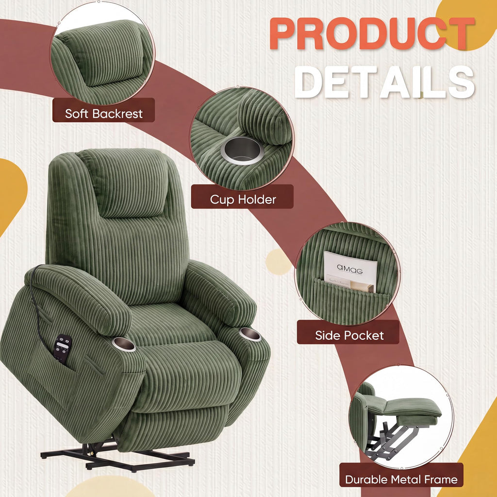 Furmax Electric Power Lift Recliner Chair with Massage for Elderly Corduroy Fabric Recliner Single Sofa with Cup Holders, Side Pockets and Remote Control for Living Room Bedroom (Leathaire, Brown)
